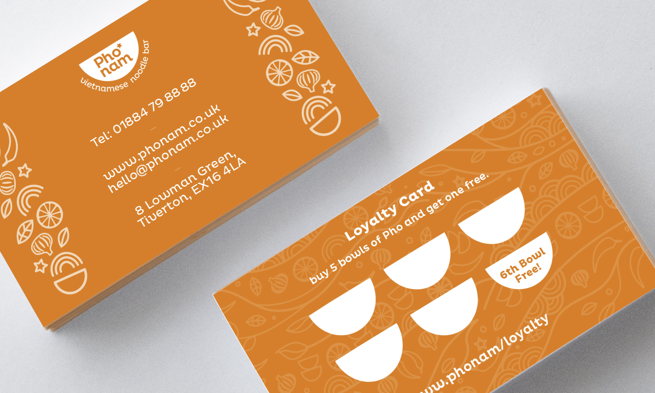 Graphic Design Company UK. Front and back of two stack of Pho Nam loyalty cards