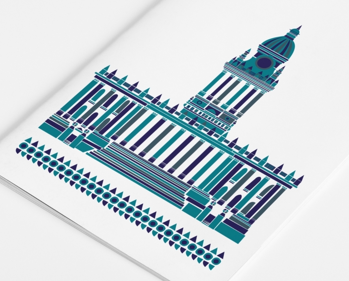 Freelance-graphic-designer-Leeds Town Hall illustration in white brochure cover