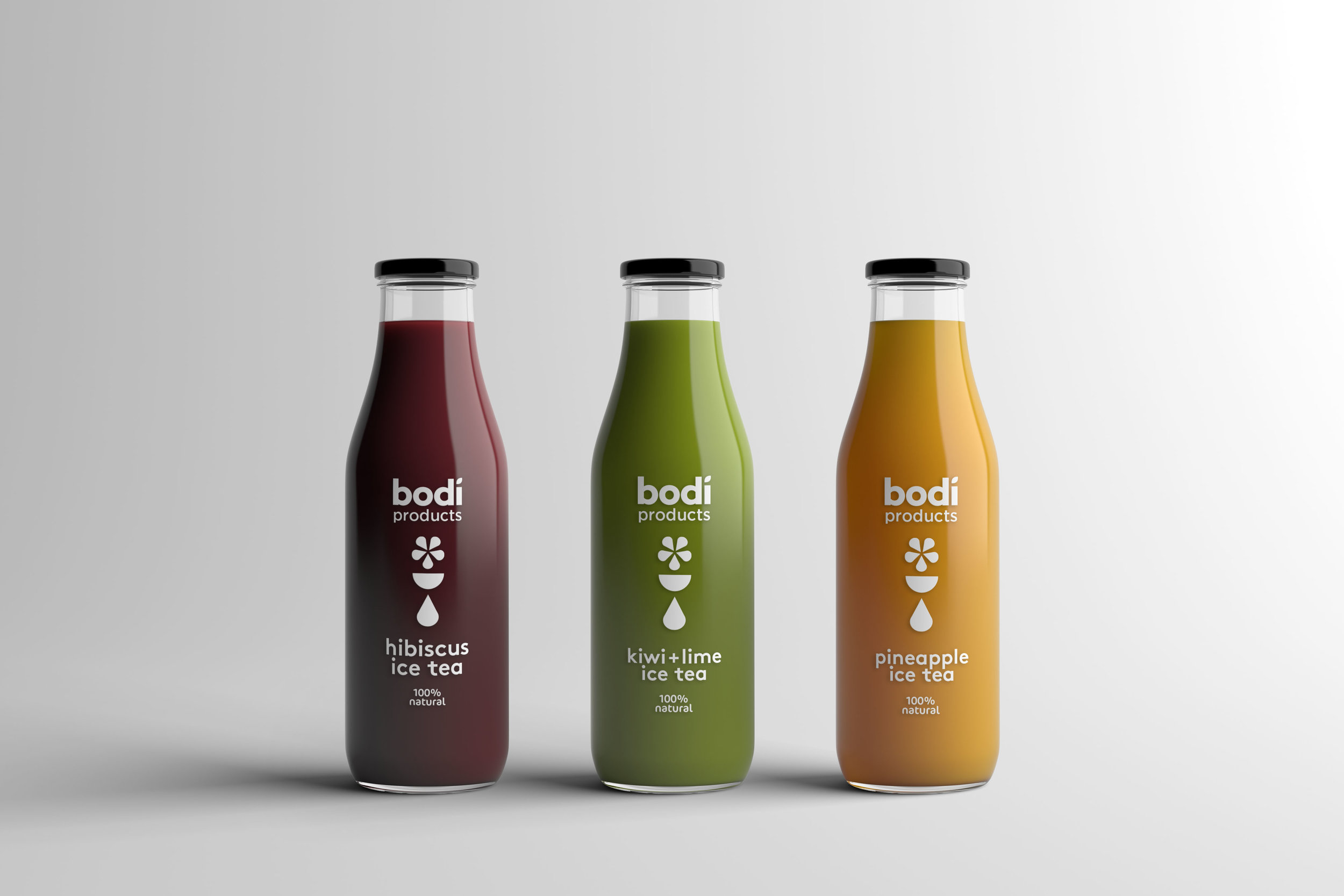 Packaging Designers UK Three Bodi ice tea flavours in glass bottles