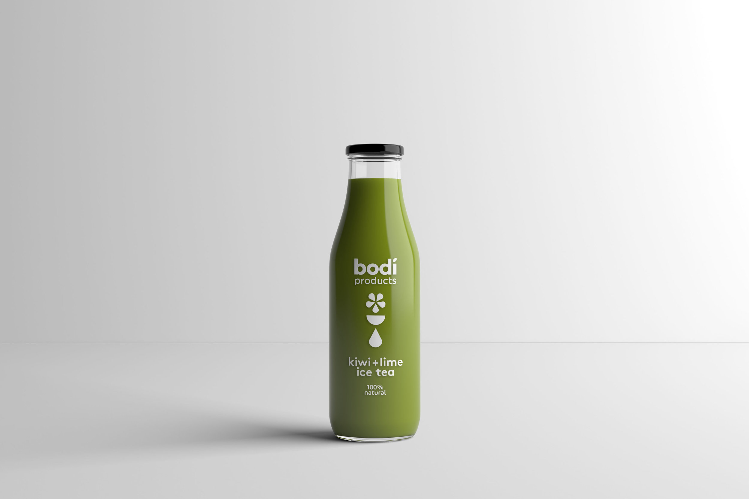 Packaging Designers UK Bodi kiwi &amp; lime ice tea in transparent green glass bottle