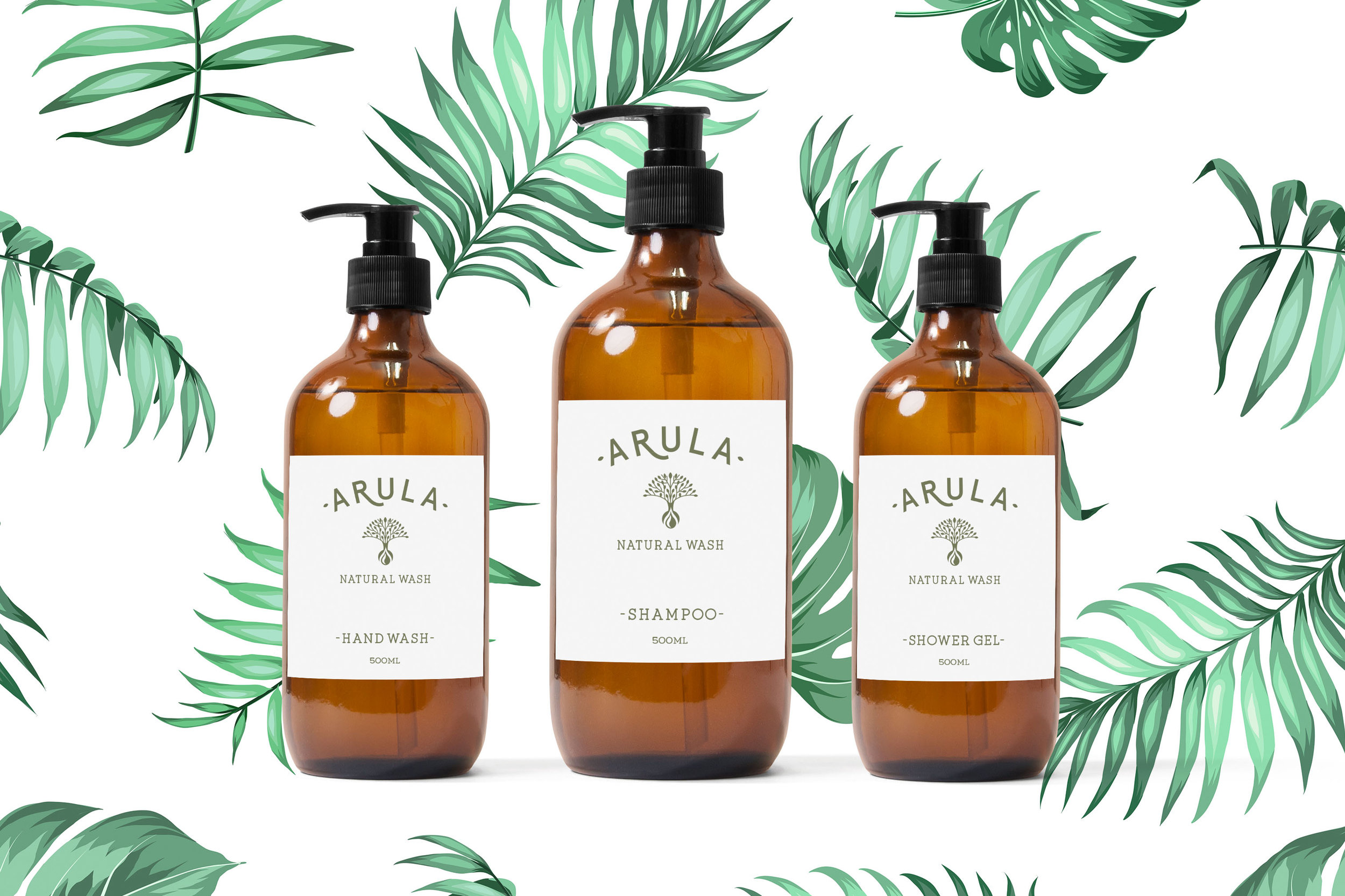 Packaging Design Company UK  Three Arula soap bottles in tropical leaves pattern white background