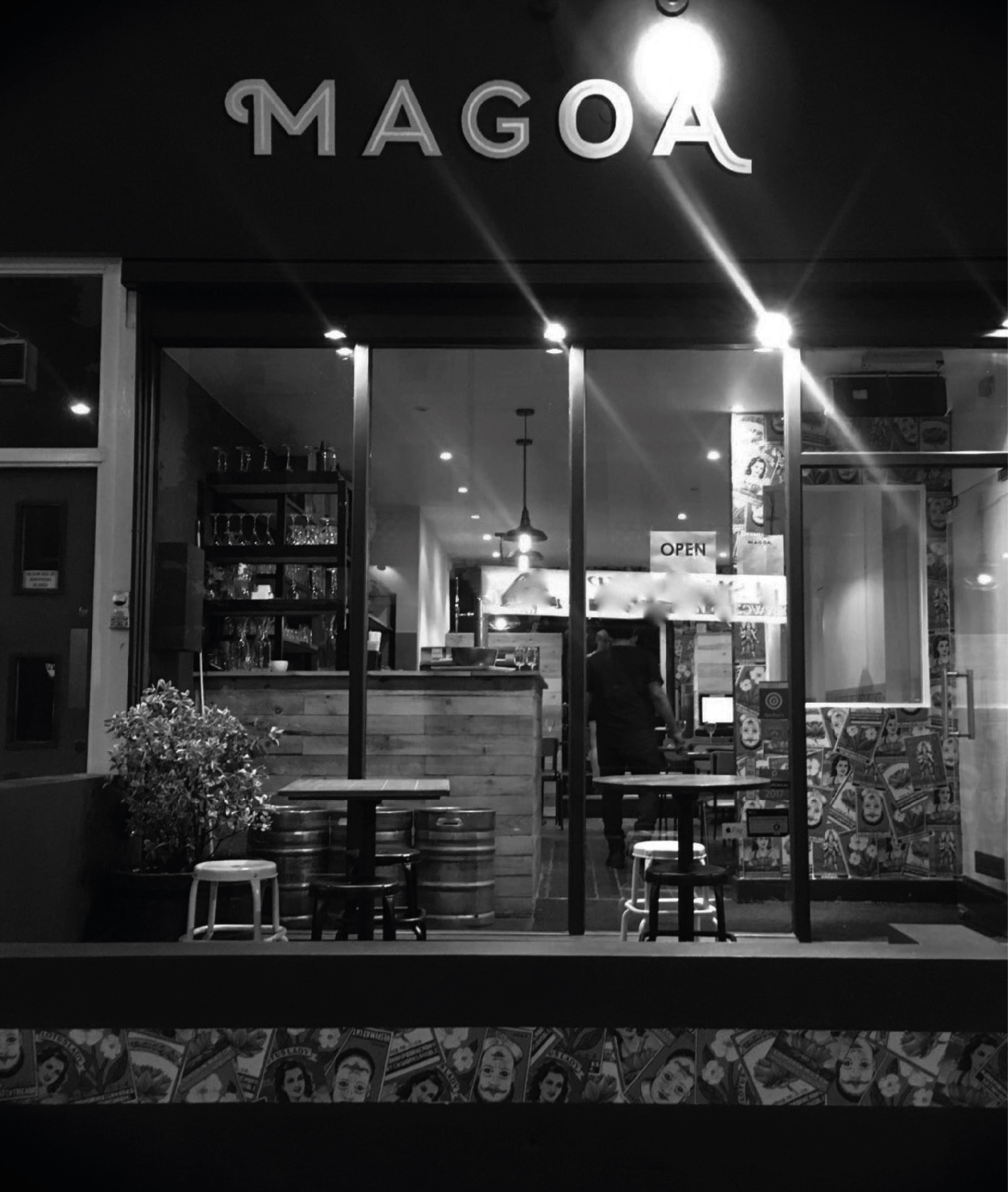 Graphic Designer London. Magoa restaurant storefront in black and white colour