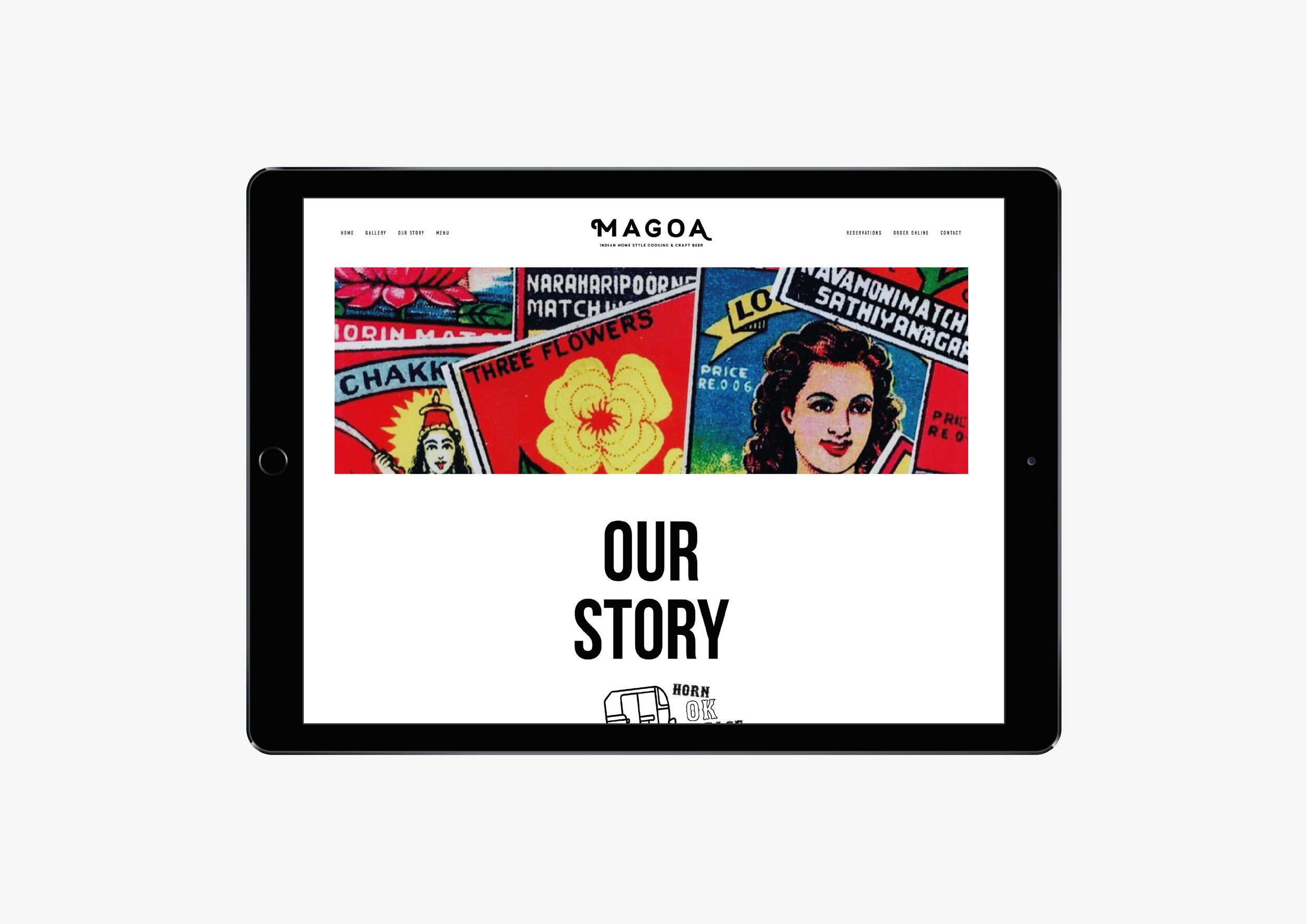 Graphic Designer London. An Apple iPad showing Magoa website homepage design