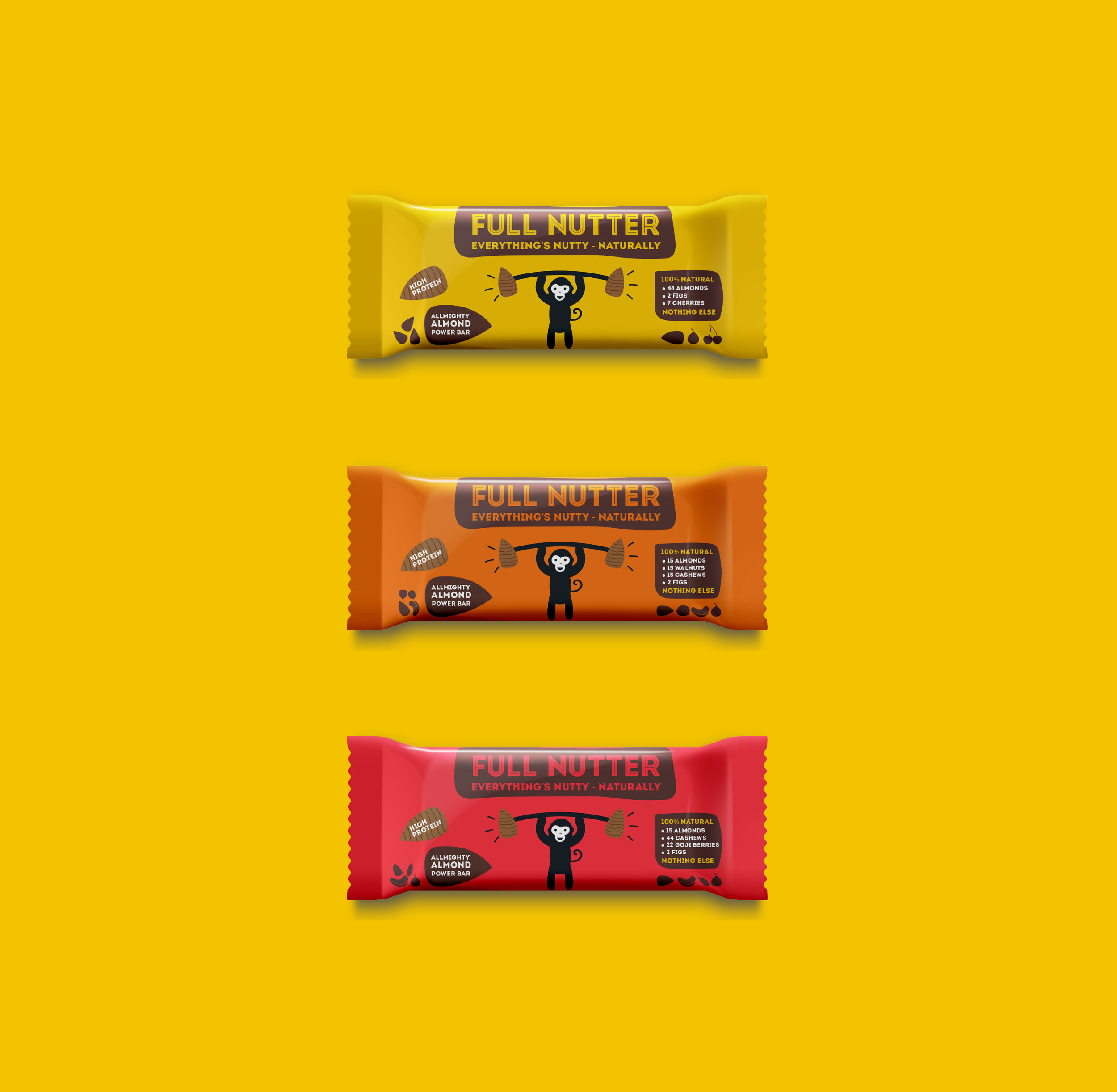 Packaging Designer UK Full Nutter energy bars in three different flavours