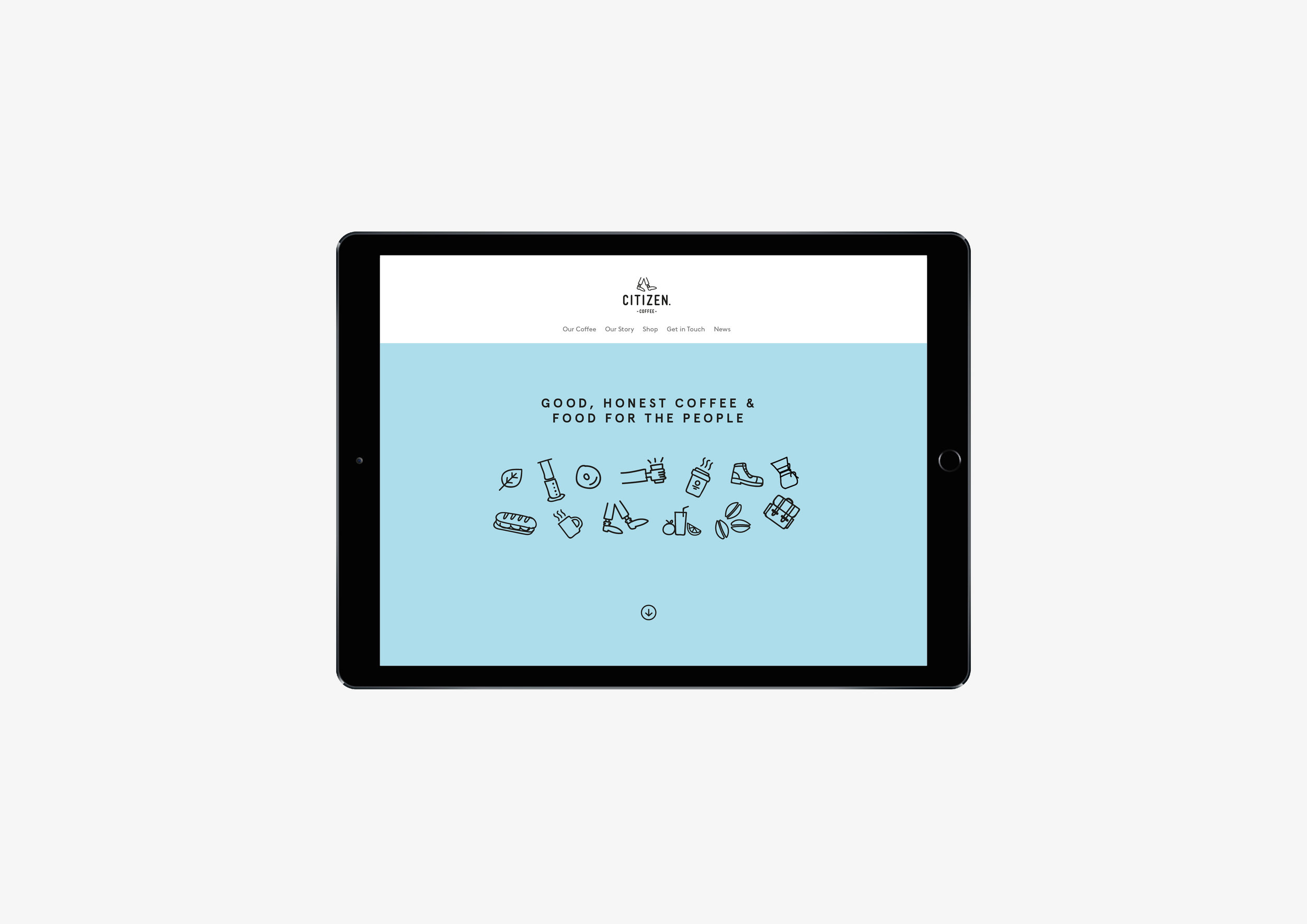 Freelance Branding Designer - An Apple iPad showing Citizen Coffee website design