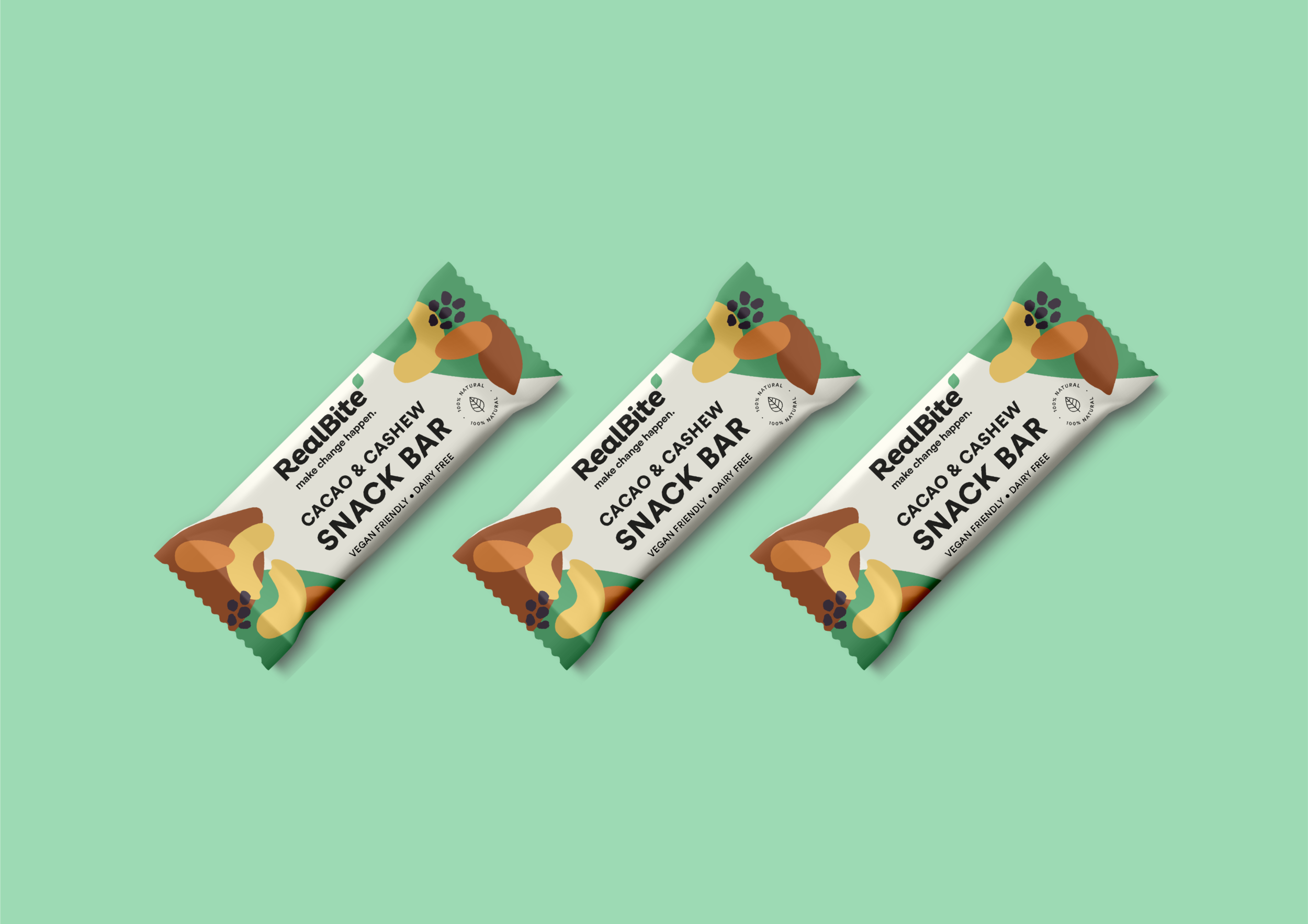 Packaging Designer London - Three RealBite cacao &amp; cashew snack bars in tea green background