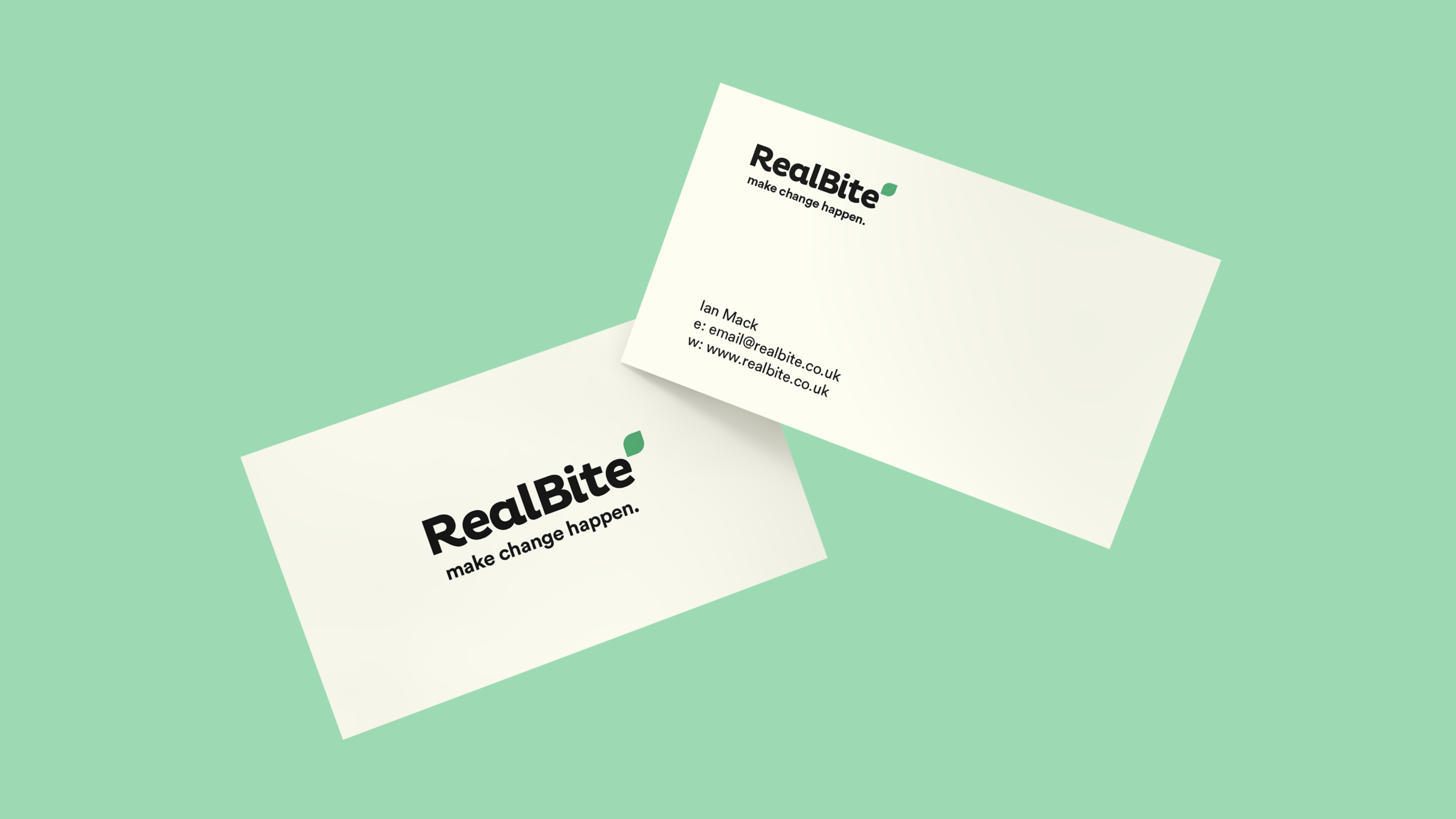 Packaging Designer London - RealBite white business card design in tea green background