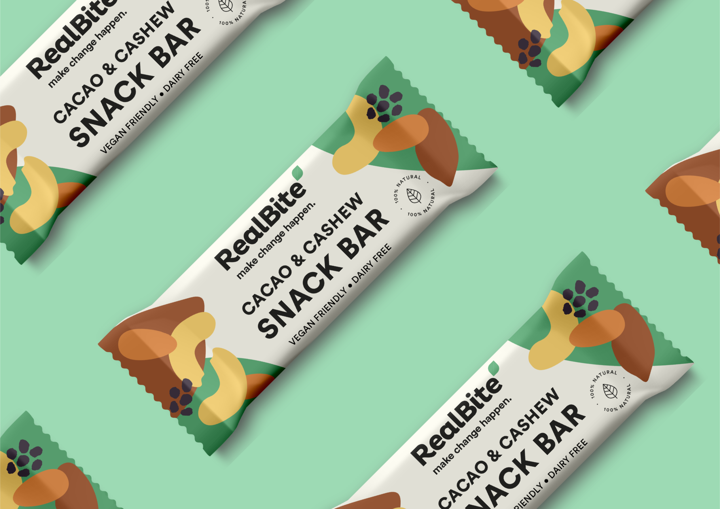 Packaging Designer London - RealBite cacao &amp; cashew snack bar in tea green background