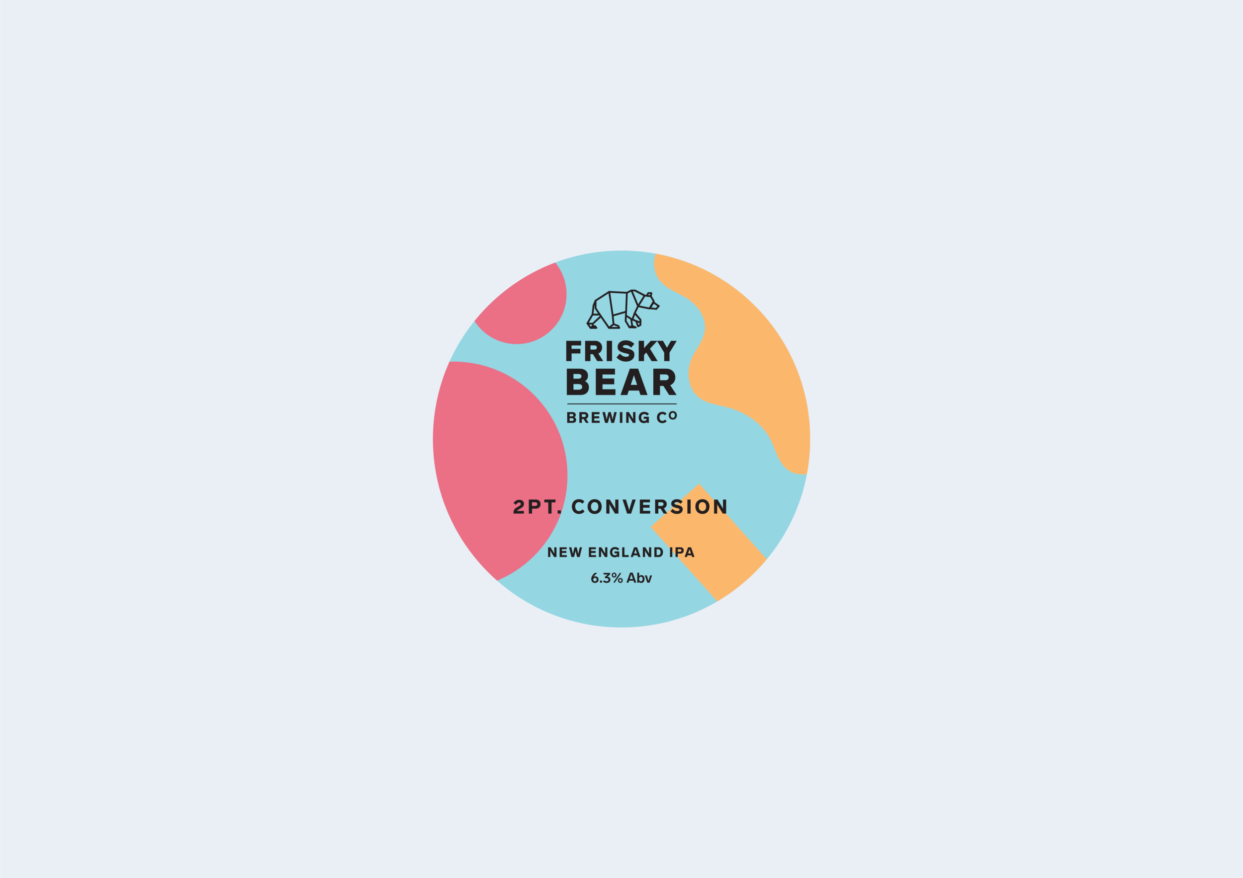 Drink packaging design - Frisky Bear Brewing Co circle shaped alcohol labelling in light blue background