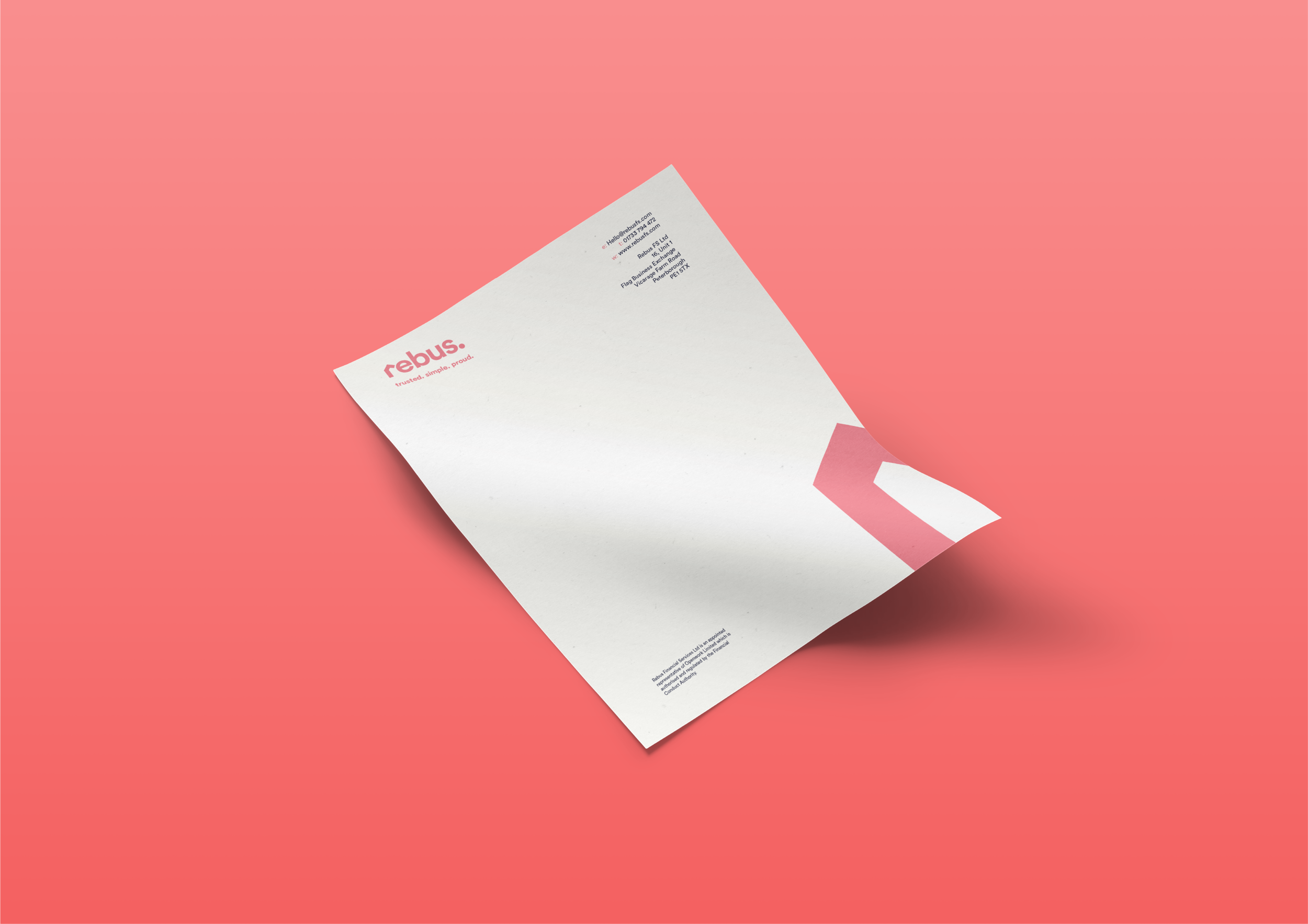 Branding company UK - White A4 rebus branded paper in grapefruit colour background