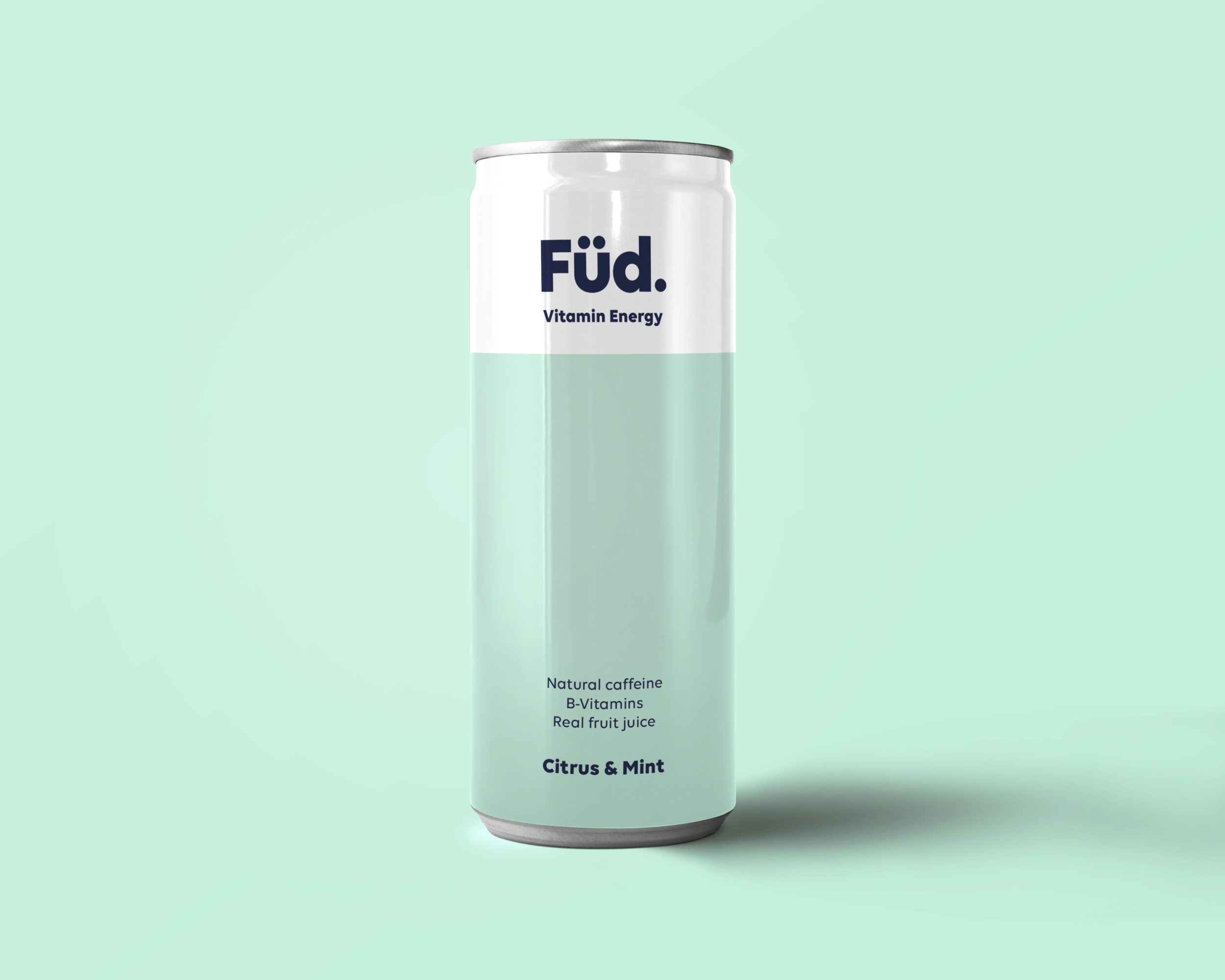 Food and beverage packaging designer UK.  A mint green can of Füd vitamin drink