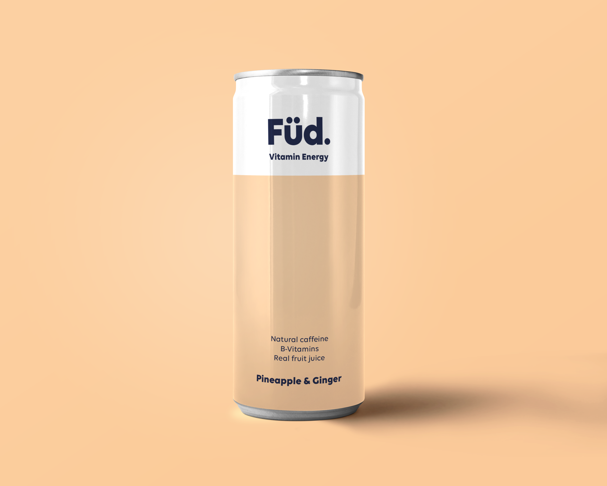  Food and beverage packaging designer UK. A beige can of Füd vitamin energy drink