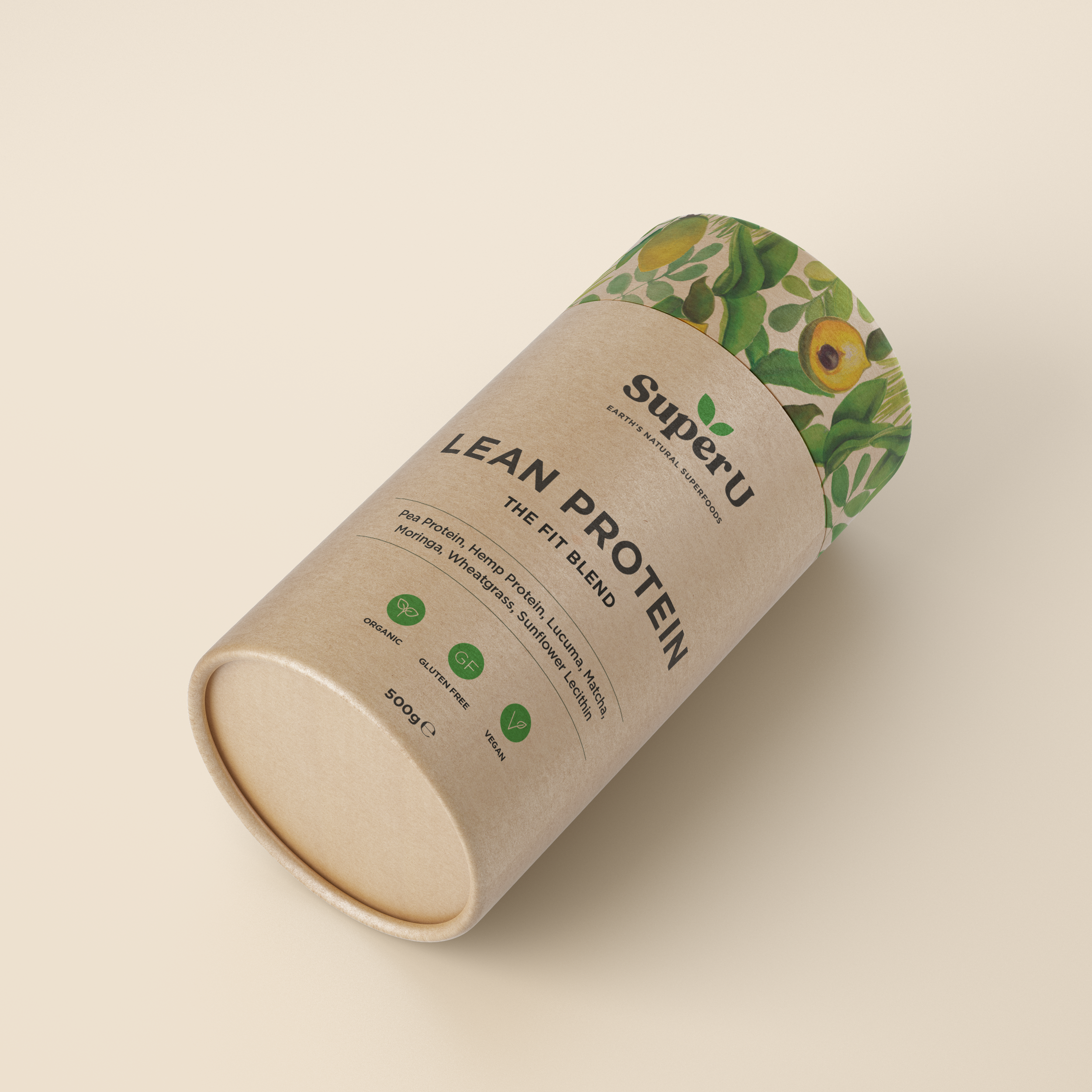 Packaging designer UK. A beige round tube box of Super U lean protein powder