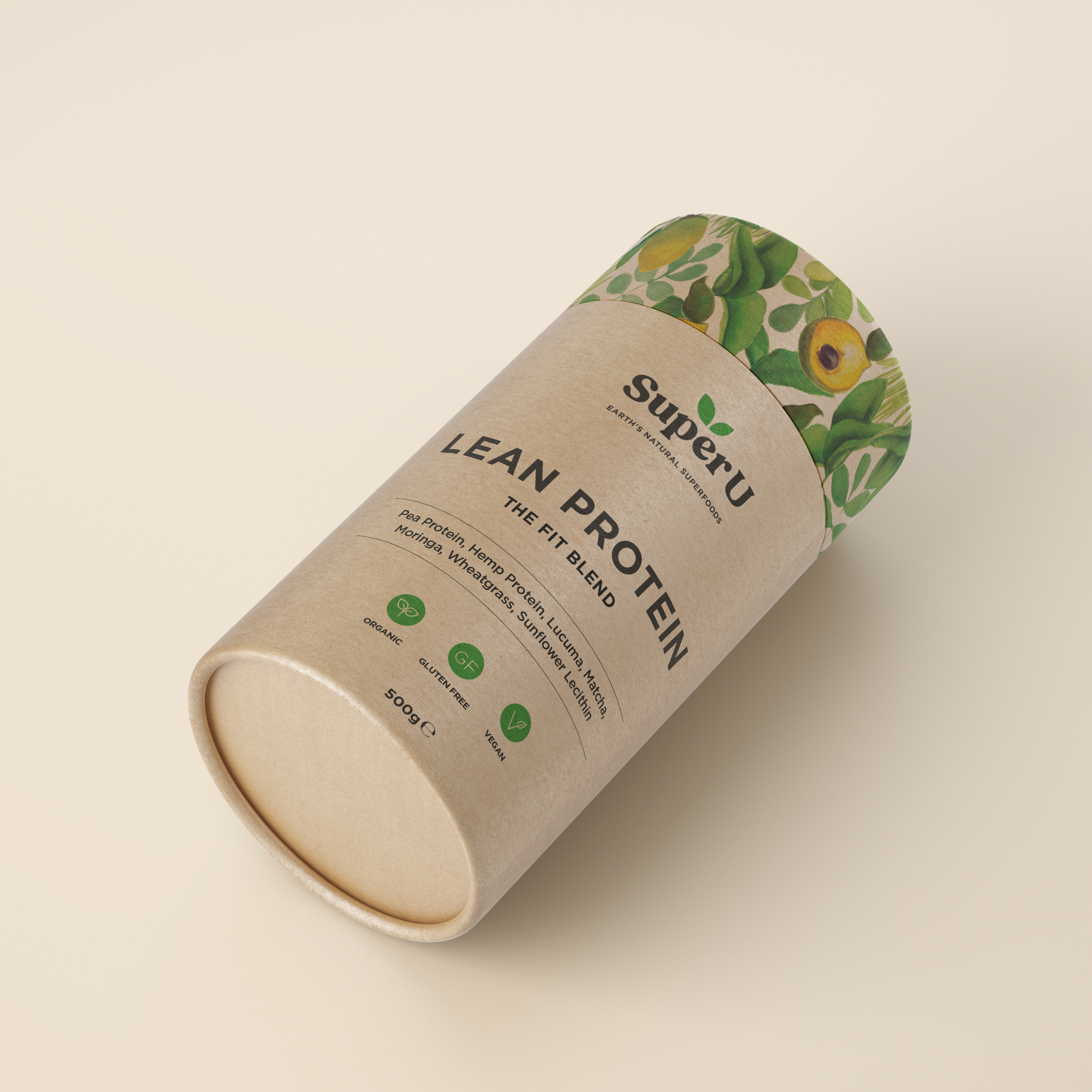Freelance-graphic-designer-A beige round tube box of Super U lean protein powder