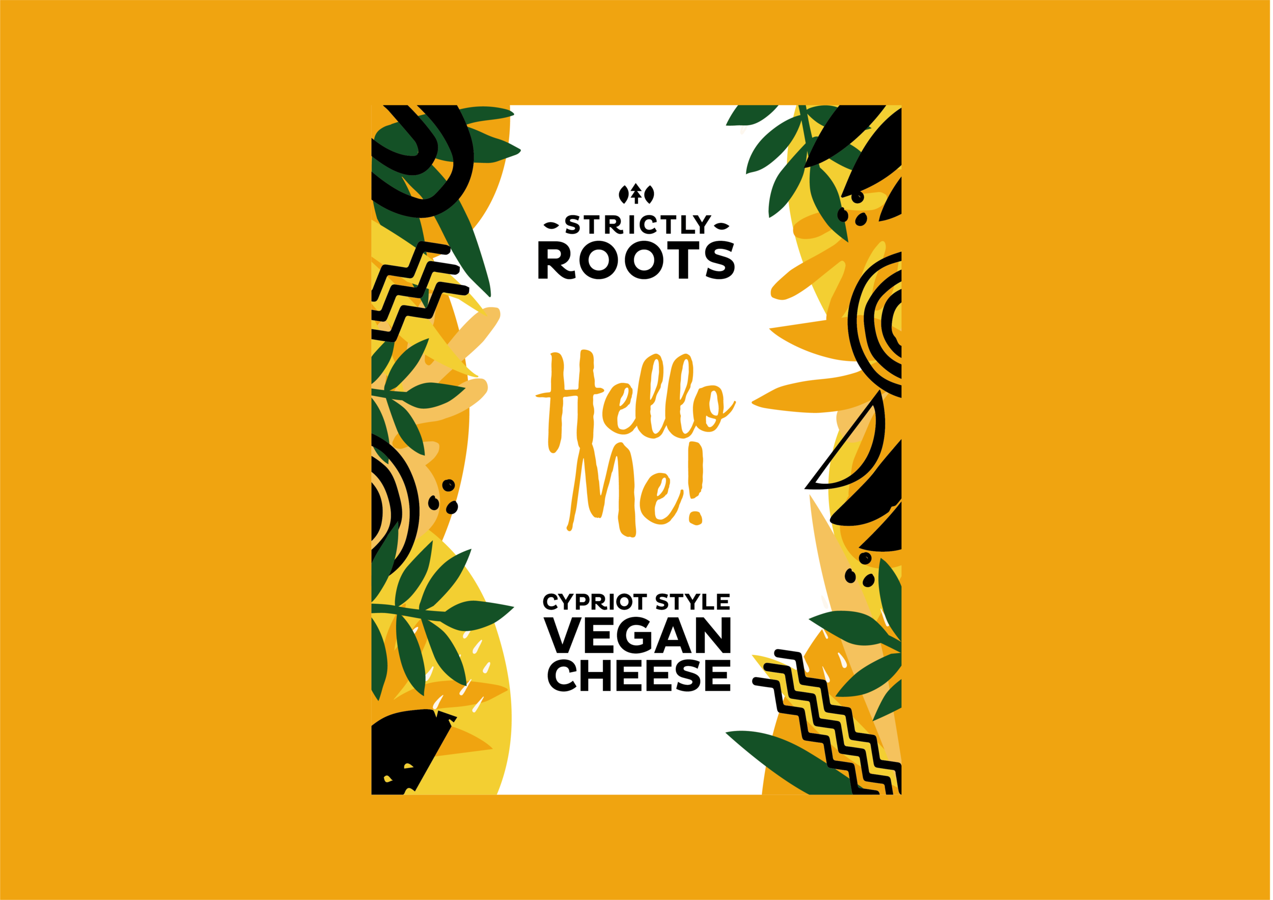 Freelance Packaging Designer UK. Strictly Roots branding and packaging design with mustard tropical leaves pattern background