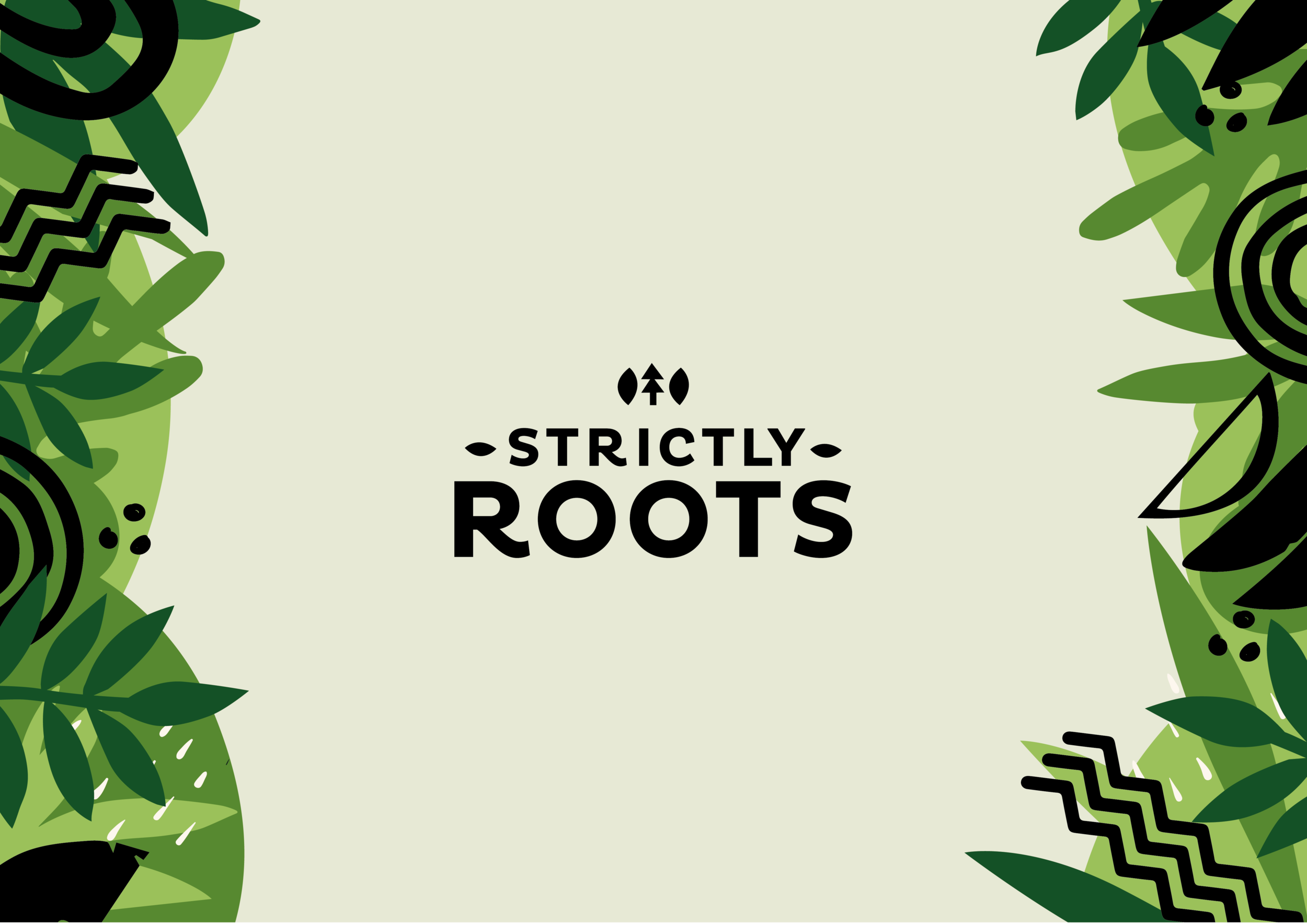 Freelance Packaging Designer UK. Strictly Roots logo in tea green with tropical leaves pattern background