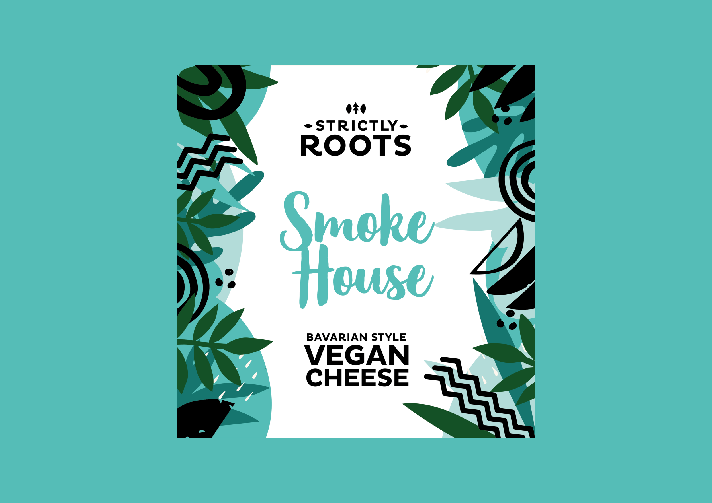 Freelance Packaging Designer UK. Strictly Roots branding and packaging design with blue tropical leaves pattern background