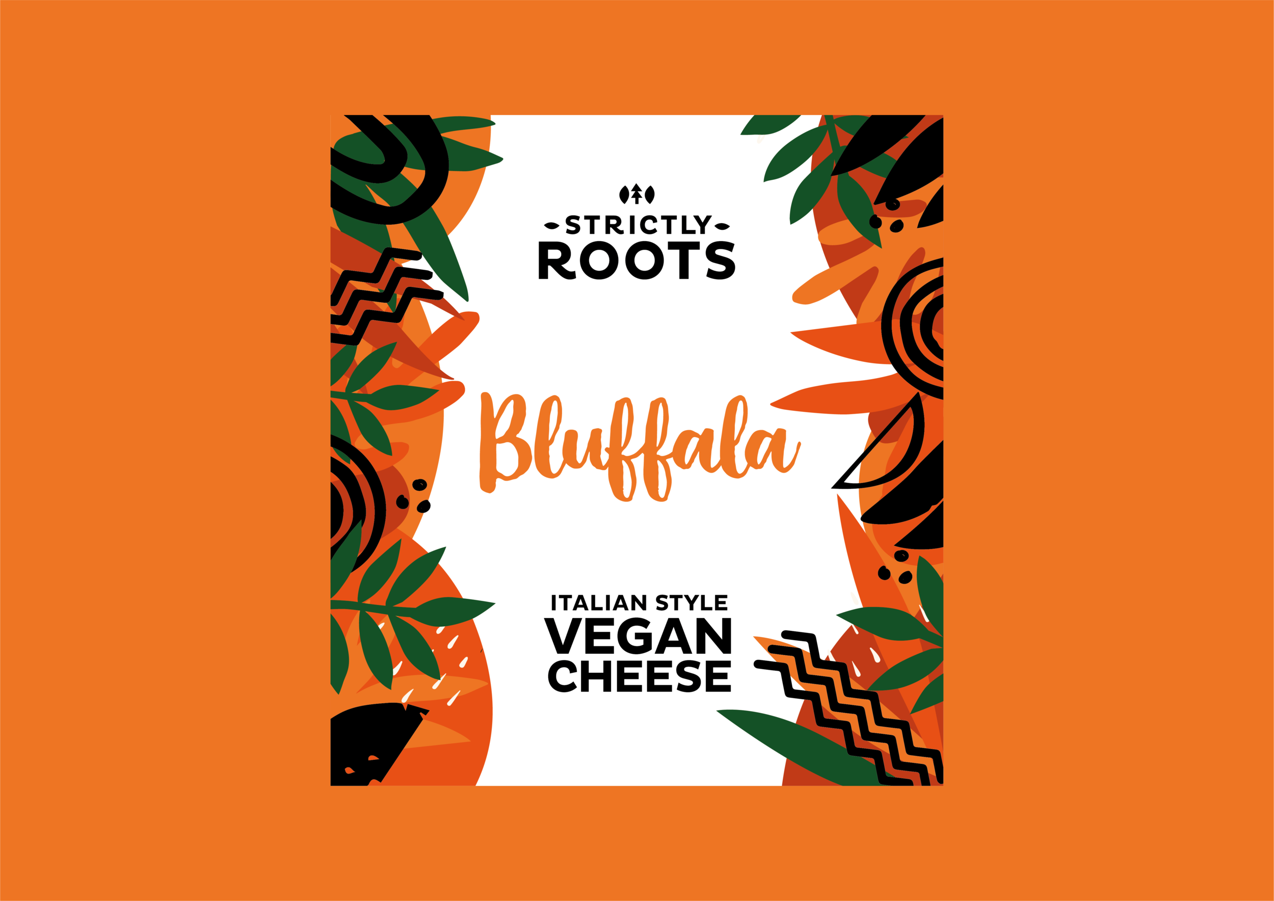Freelance Packaging Designer UK. Strictly Roots branding and packaging design with orange tropical leaves pattern background