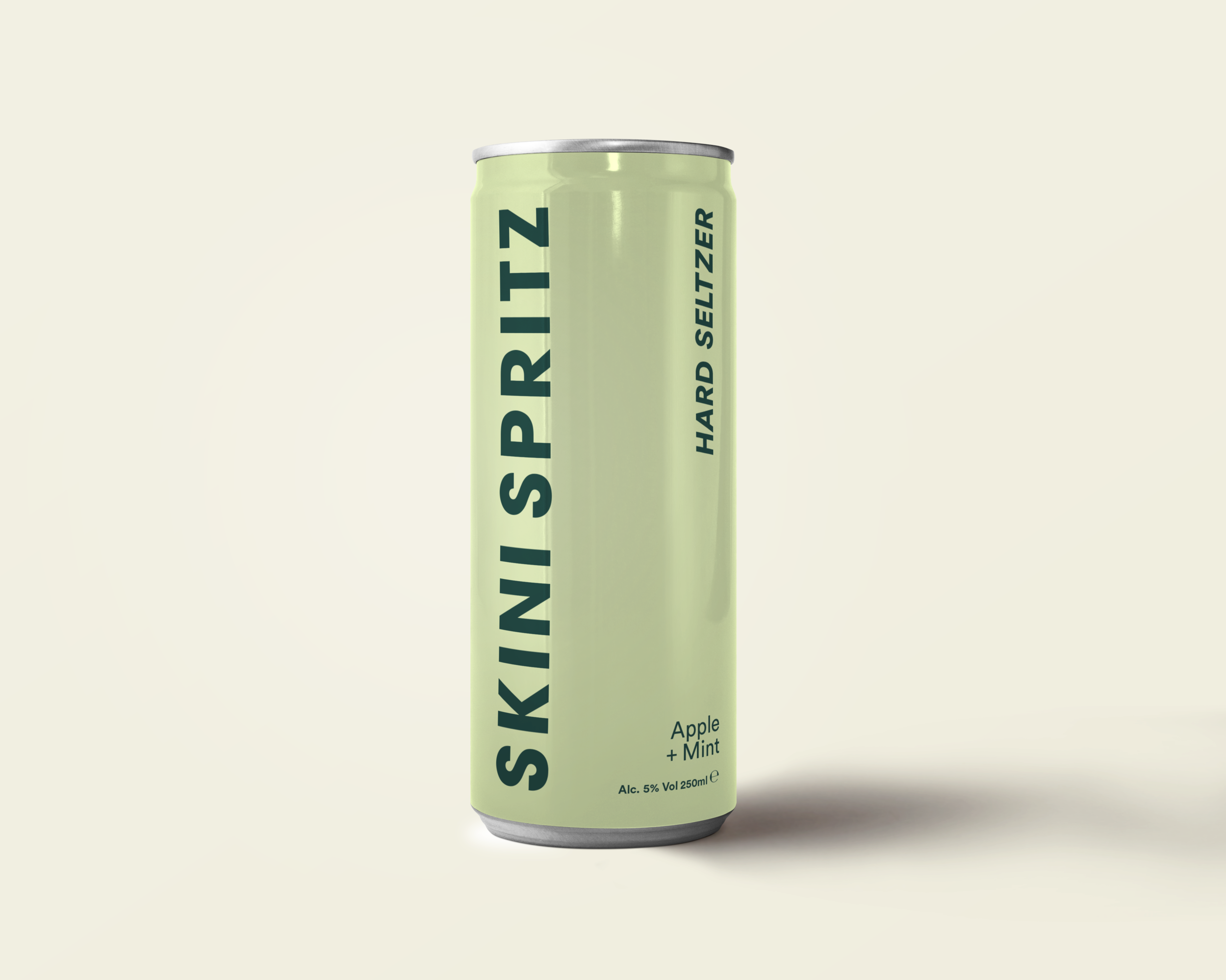 Packaging designer London. A tea green can of hard seltzer brand Skini Spritz
