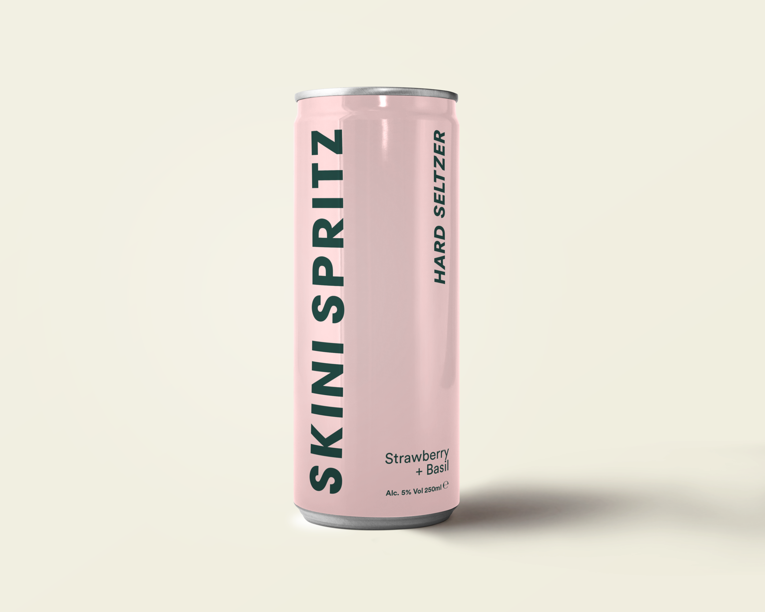 Packaging designer London. A baby pink can of hard seltzer brand Skini Spritz