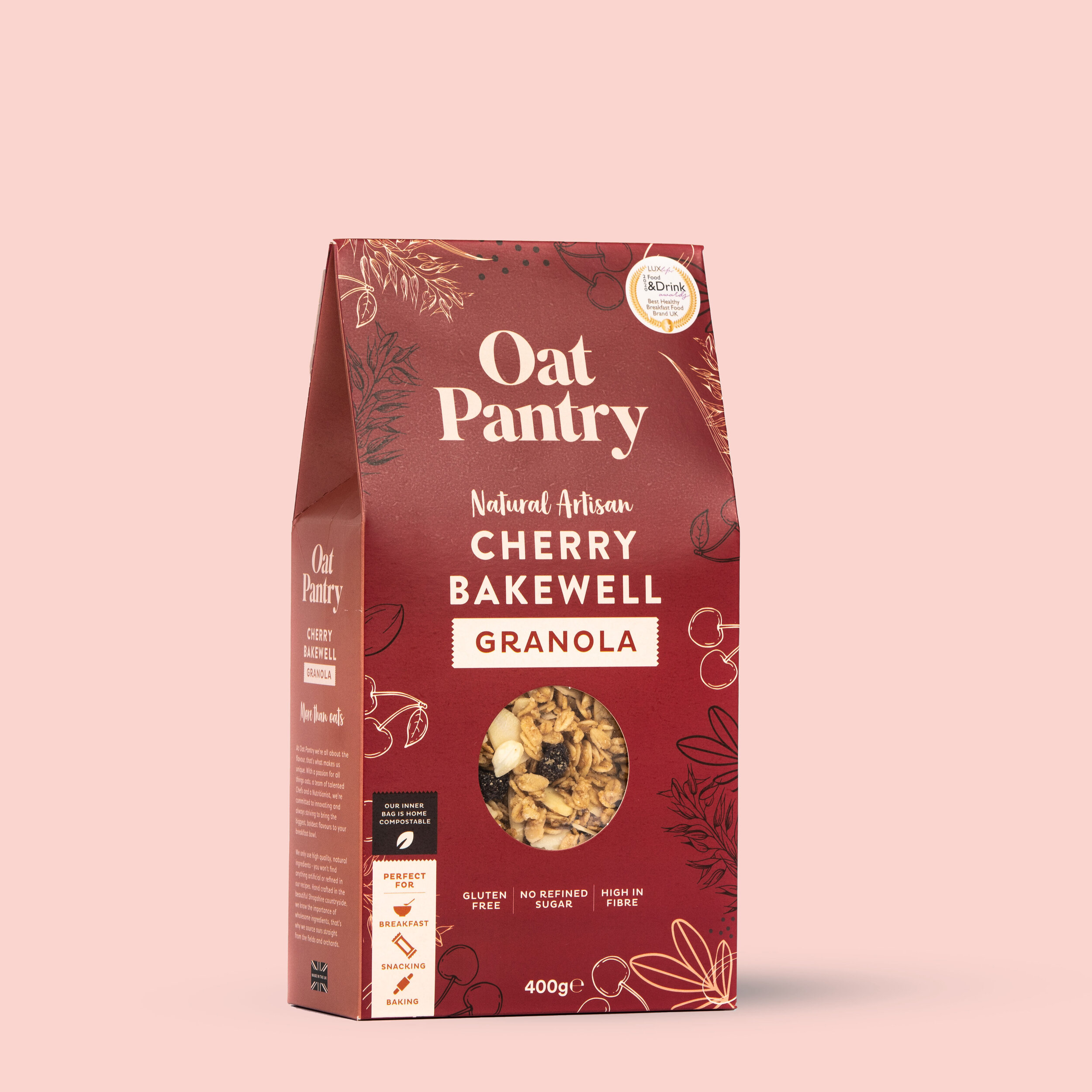 A maroon flat-pouch of Oat Pantry granola