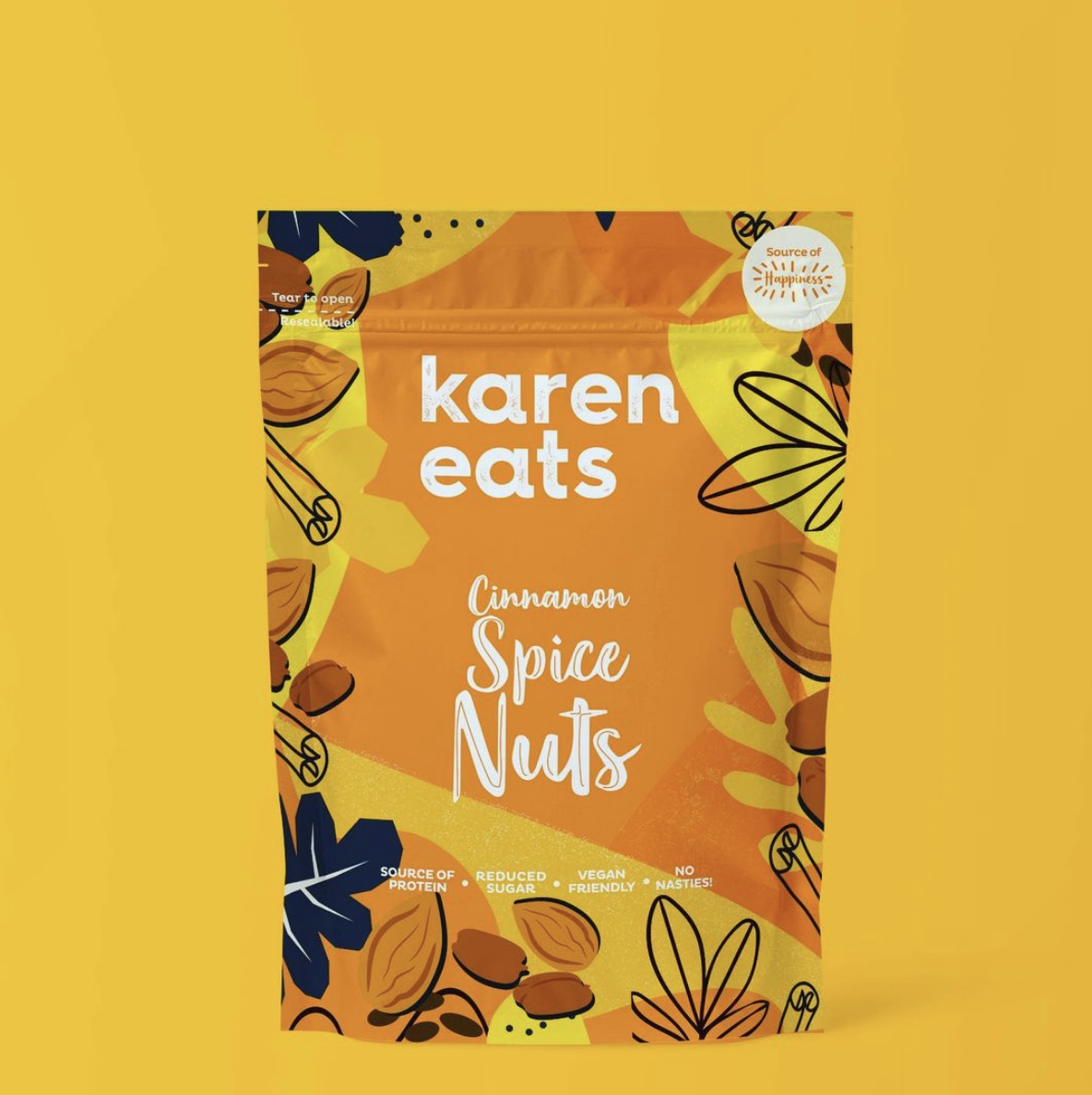 A stand-up pouch of Karen Eats cinnamon spice nuts