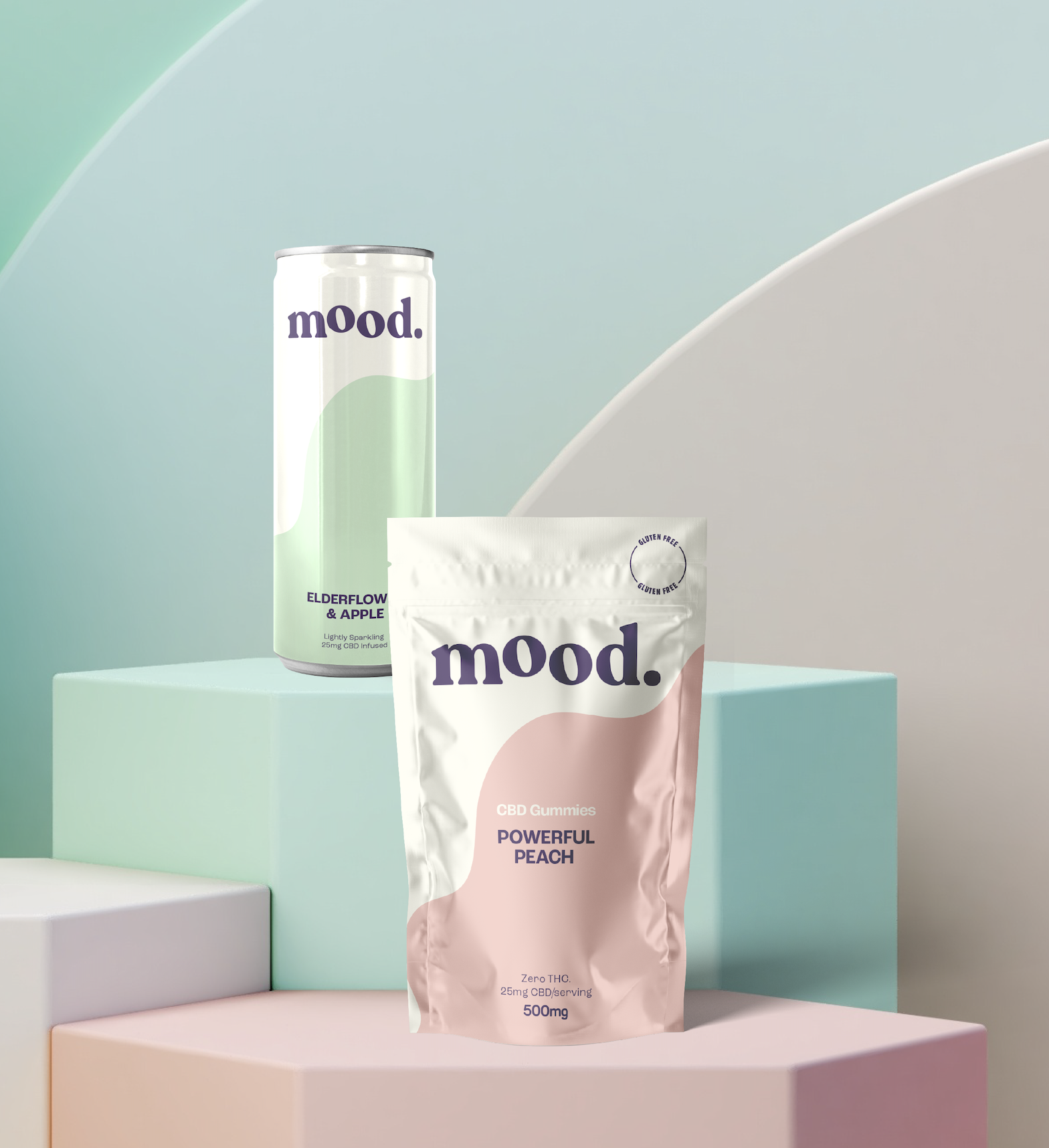 A can of Mood CBD energy drink and a stand-up pouch of Mood CBD gummies