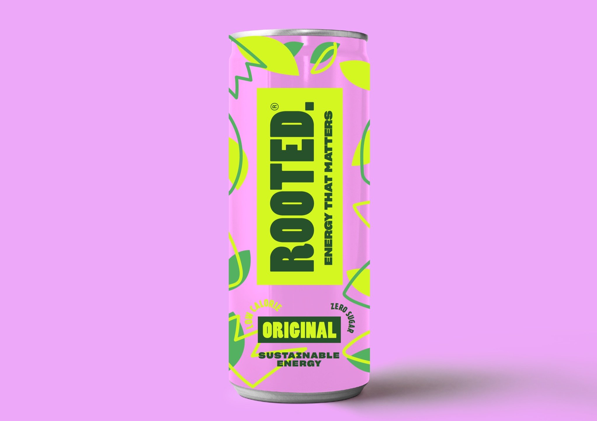 Food and drink packaging designer. A can of Rooted natural energy drink