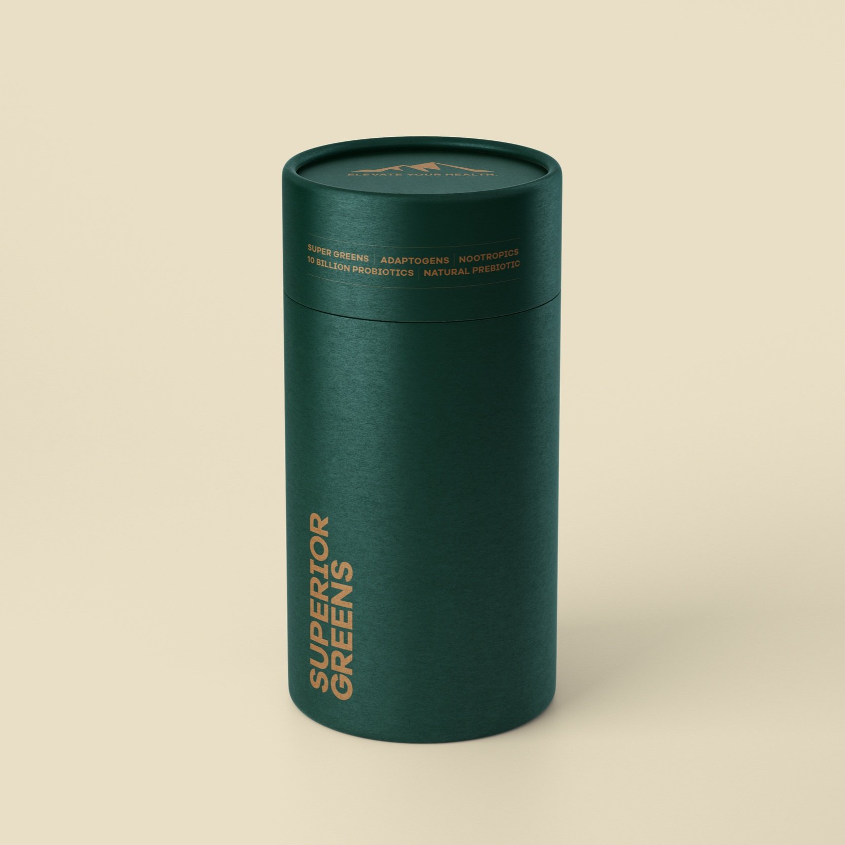 Freelance-graphic-designer-Green and gold tube supplement packaging design with gold logo design and branding