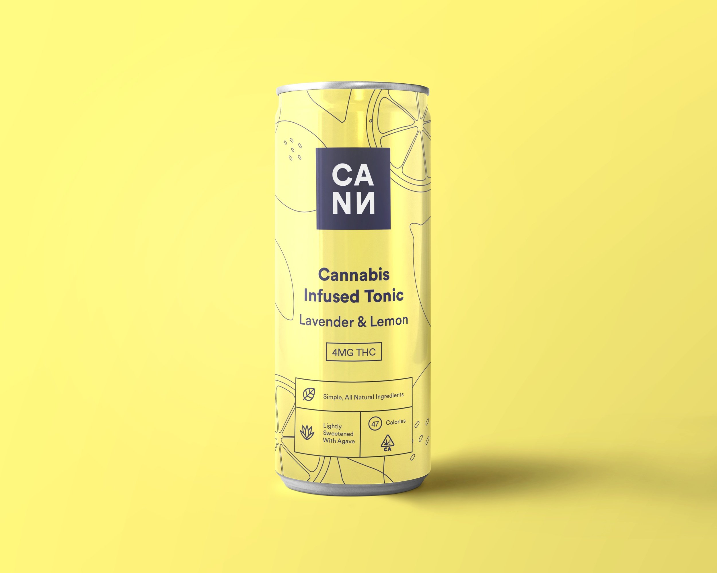 Drink Cann can label design in yellow with line based illustrations and logo design