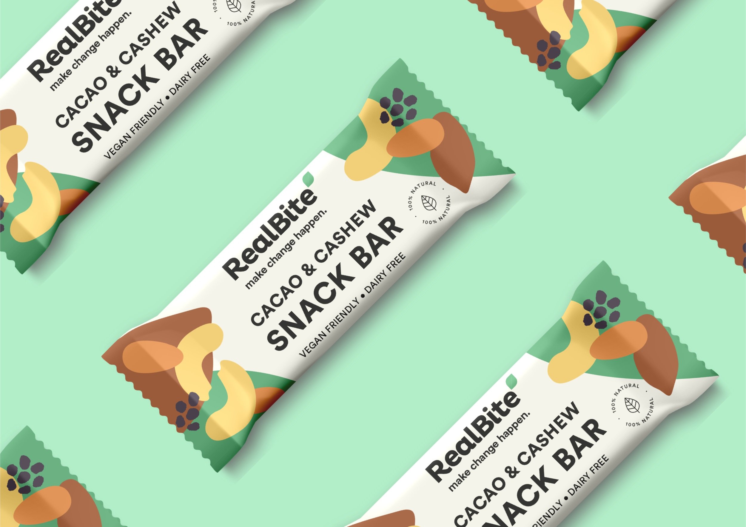 RealBite cacao &amp; cashew snack bar in tea green background