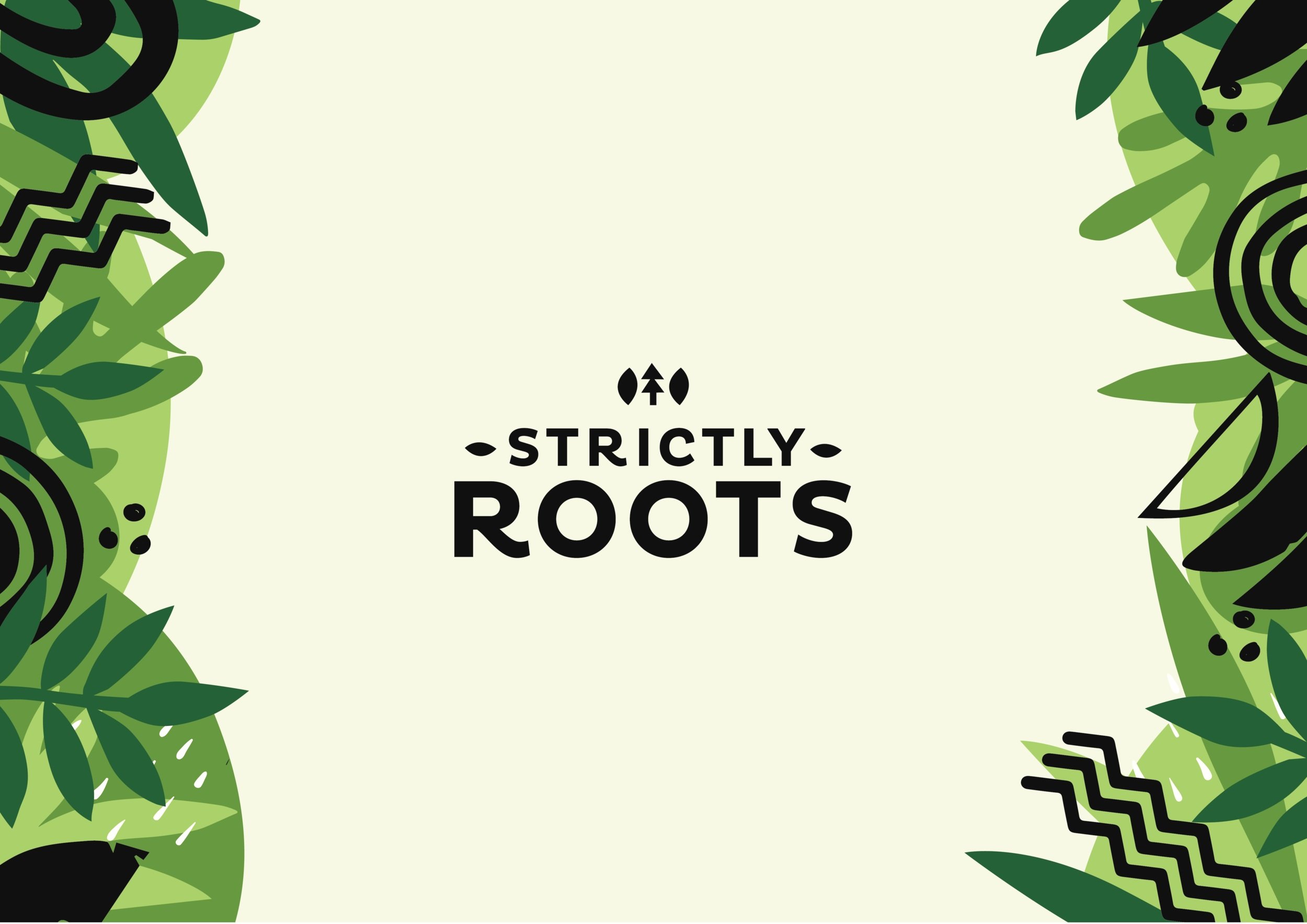 Freelance-graphic-designer-Strictly Roots logo in tea green with tropical leaves pattern background