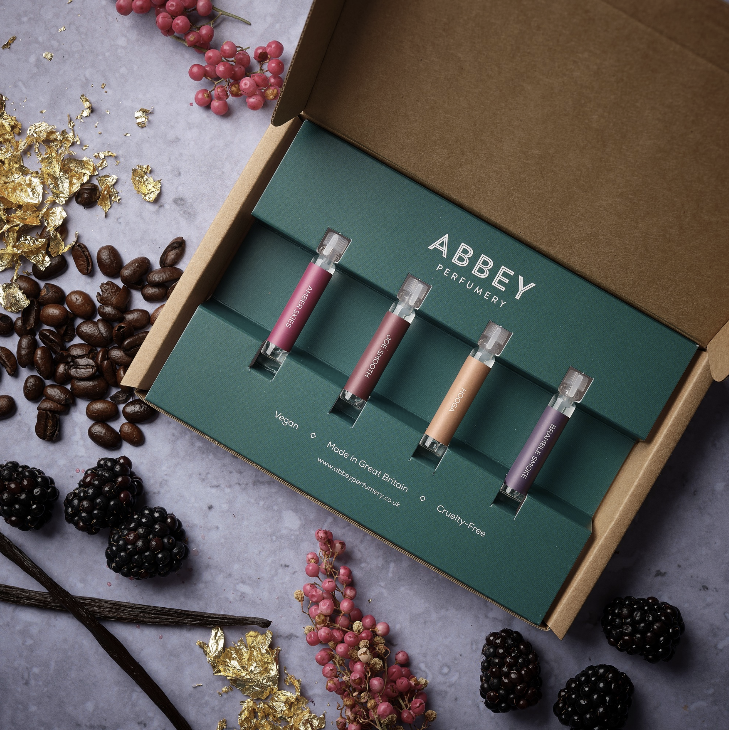 Abbey - green perfume box with Abbey logo design and branding