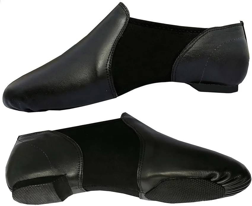 Pair of black dance shoes or tap shoes with elastic sides, shown from side and bottom views.