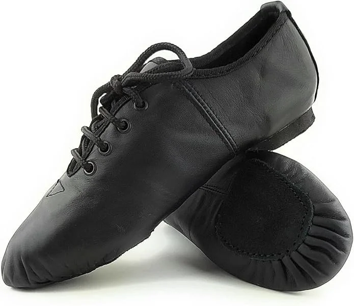 Black leather dance shoes with laces and padded soles.