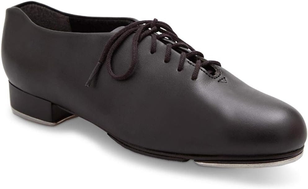 A black men's ballroom dance shoe with laces and a low heel.