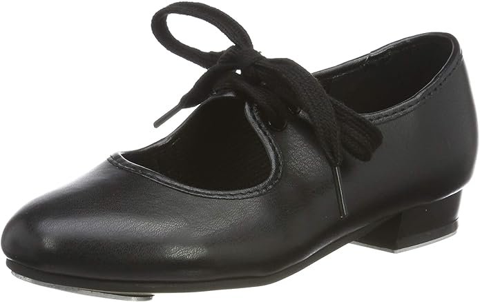 A black leather tap dance shoe with a low heel and laces.