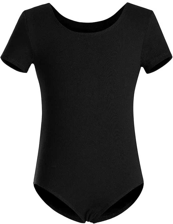 Black short-sleeve bodysuit with a round neckline.
