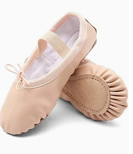 Pink ballet slippers with elastic straps and cushioned soles.