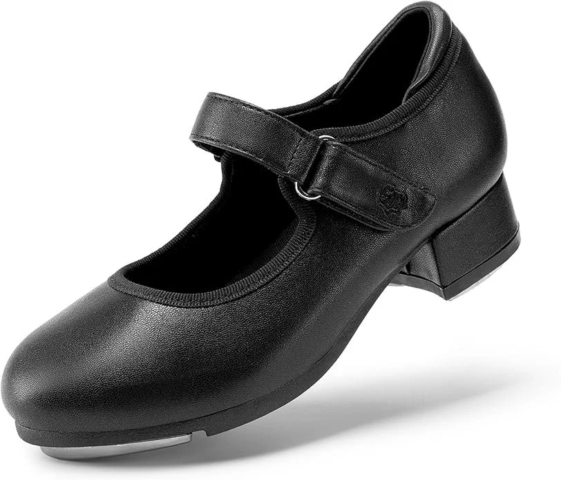 Black dance shoes with a strap and a block heel, designed for ballroom or Latin dancing.