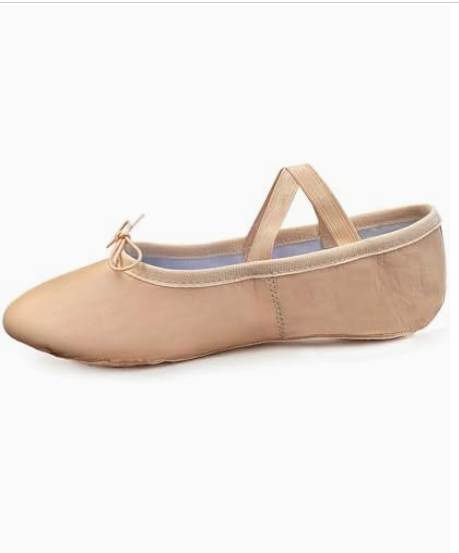 A beige ballet flat shoe with a small bow on the toe and elastic strap at the opening, placed against a white background.