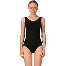 A woman wearing a black sleeveless bodysuit.