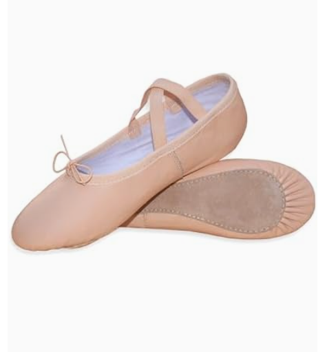 A pair of beige ballet slippers with elastic ankles and soft soles, one shoe resting on top of the other.