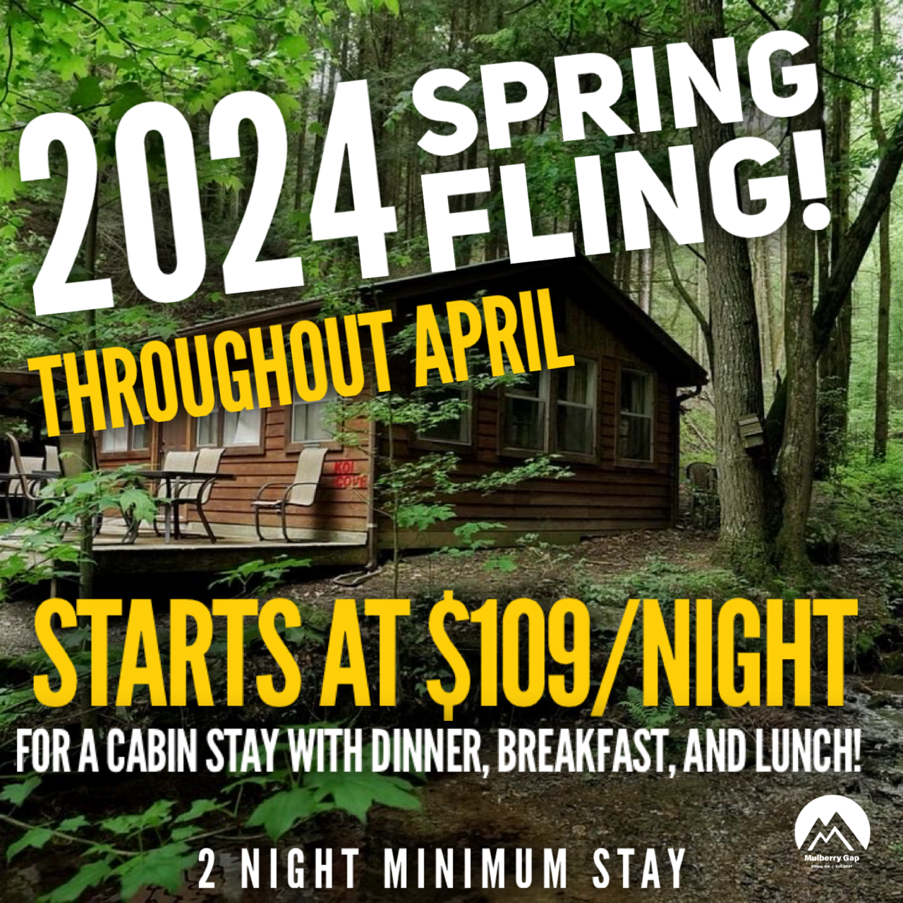 April's Spring Fling Discounts (on cabins, meals, and shuttles)!