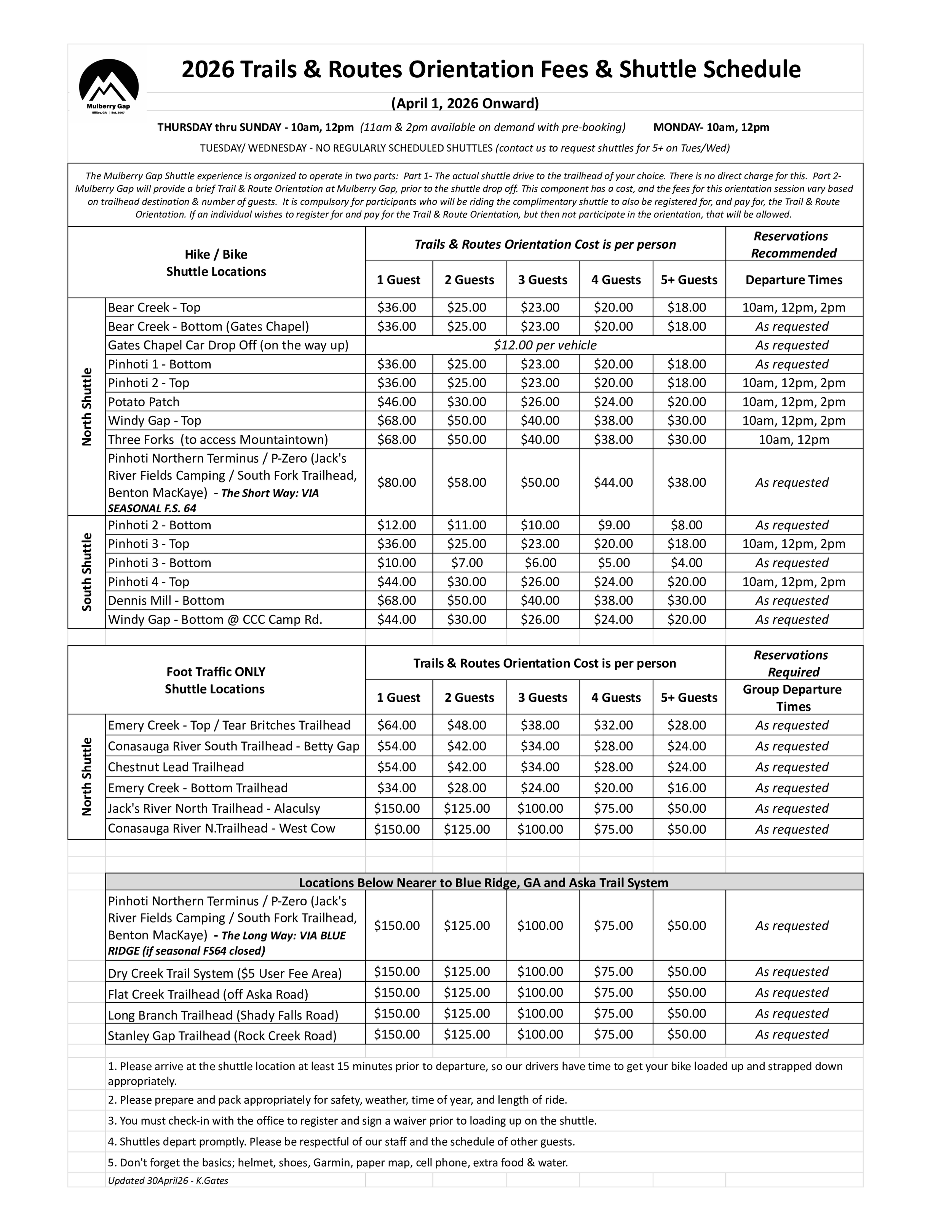 Shuttle Price List — Mulberry Gap