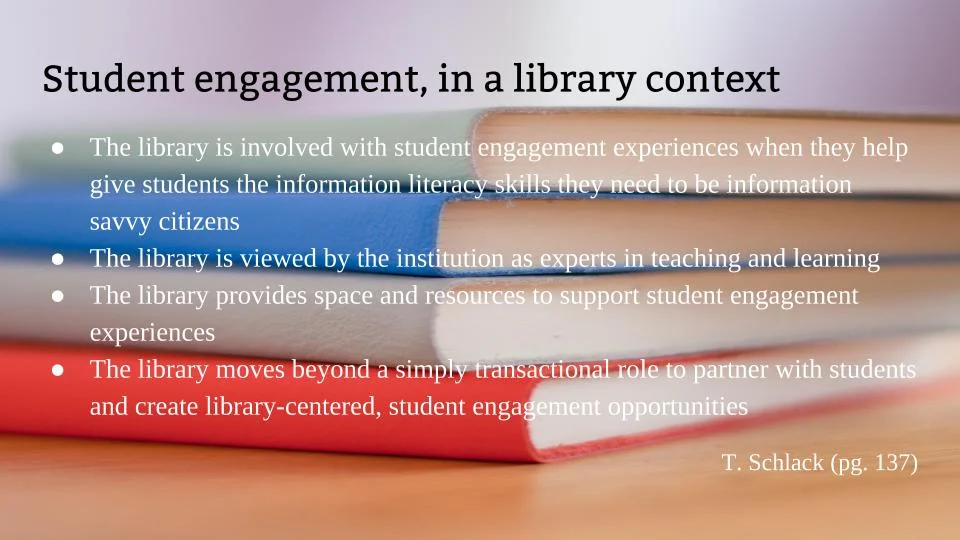 My newest slide in my student engagement talks, thinking about the library focus on student engagement.