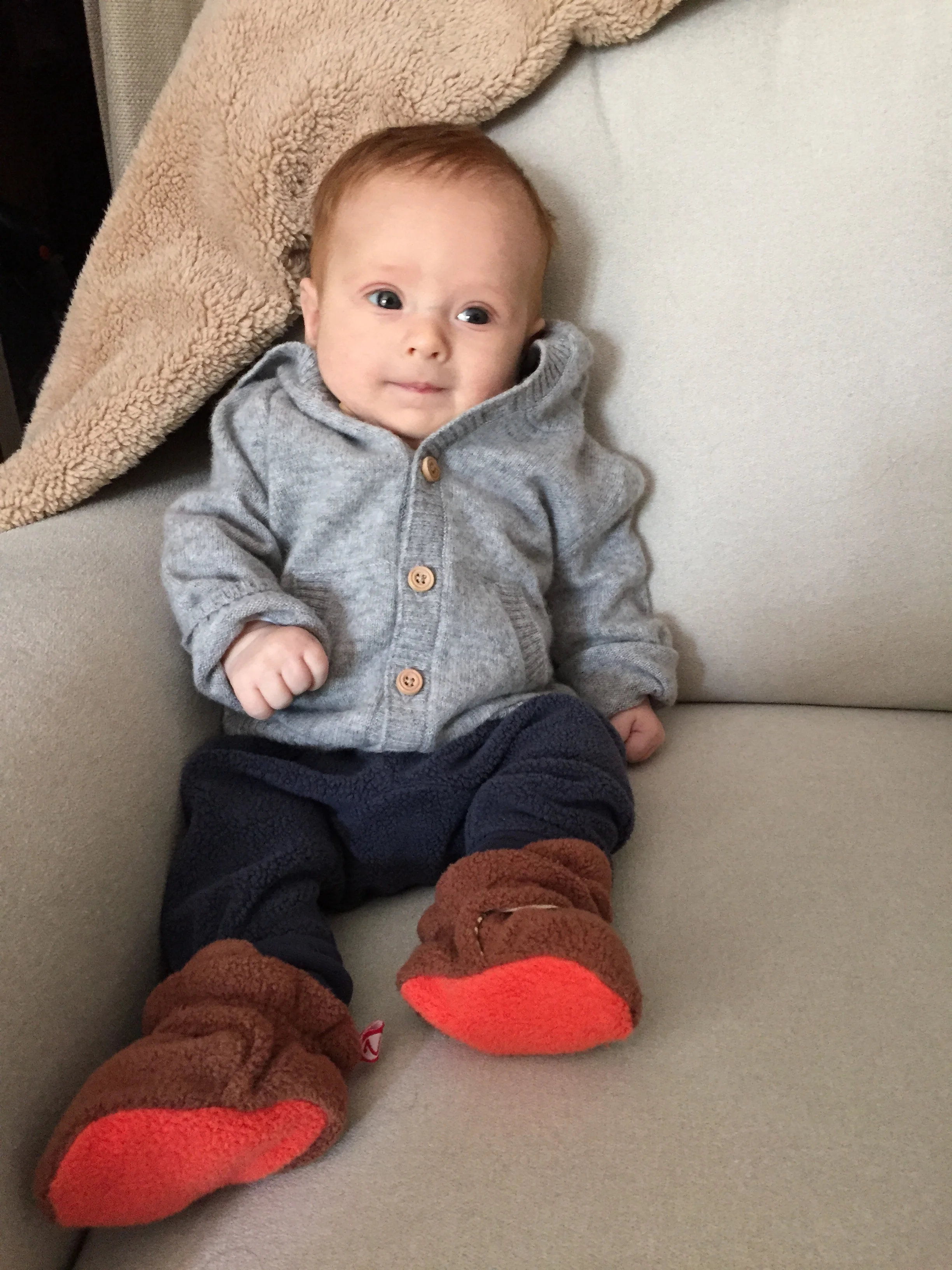 Nico approves of cashmere cardigans. Thanks Auntie Em!
