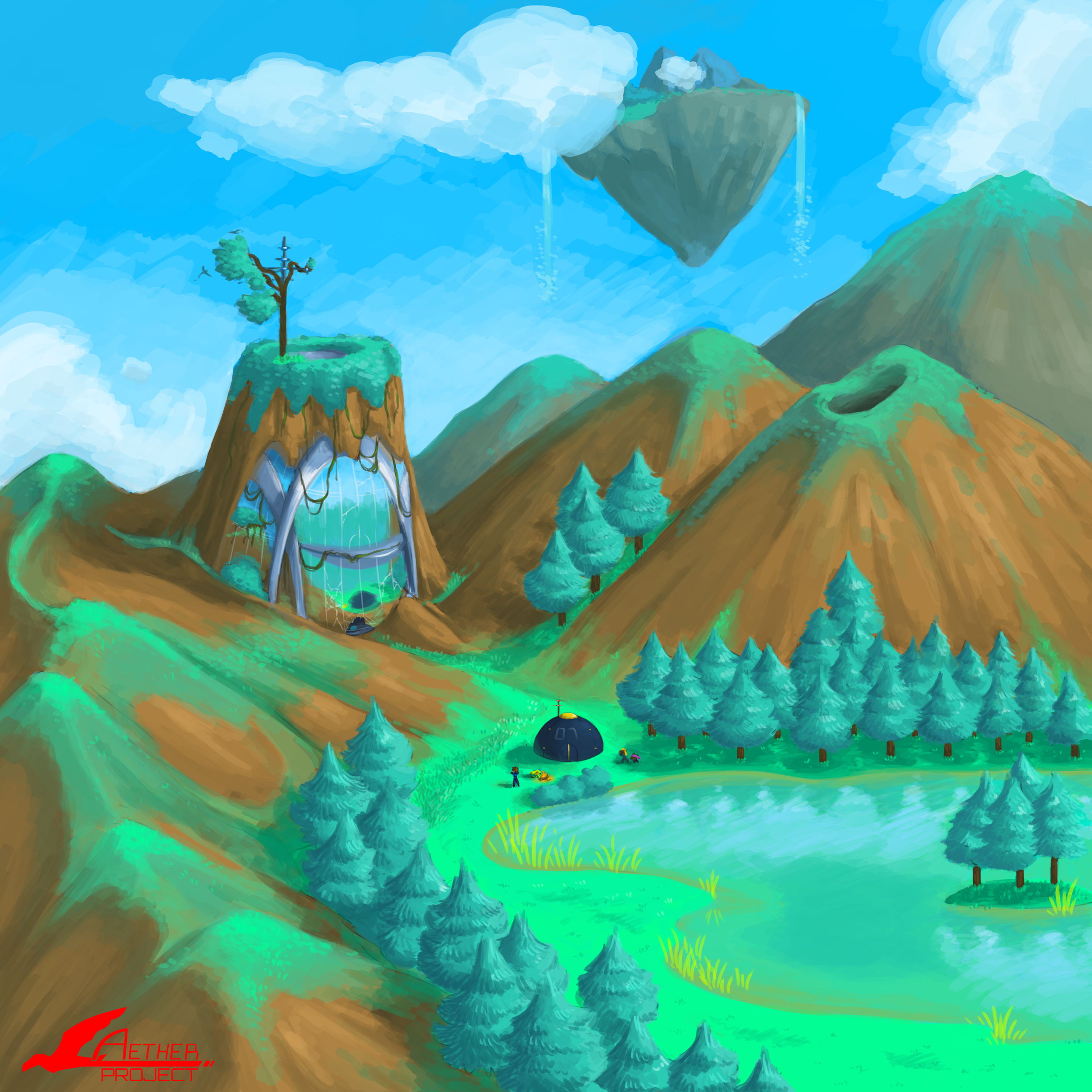 A beautiful environmental shot of a group of voyagers - 2 humans and 2 mikwa - set up camp in front of a precursor installation half buried in the landscape. This is also a candidate for the cover art!