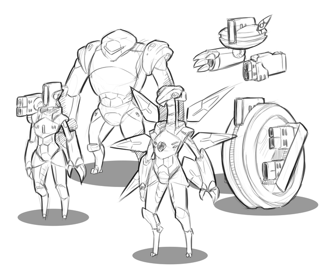A variety of Precursor security drones.