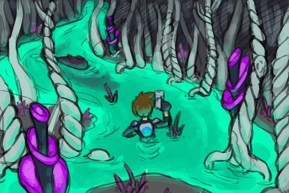 A brave Voyager wades through a luminescent swamp.